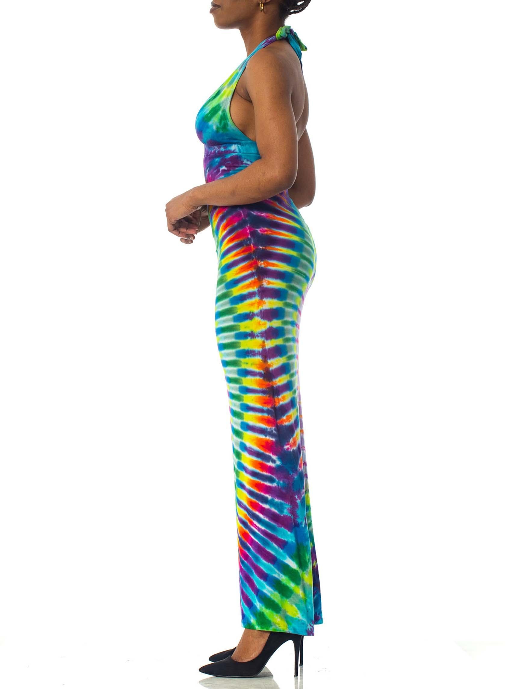 1970'S Multicolor Rayon Jersey Hand Tie Dyed Halter Dress In Excellent Condition In New York, NY