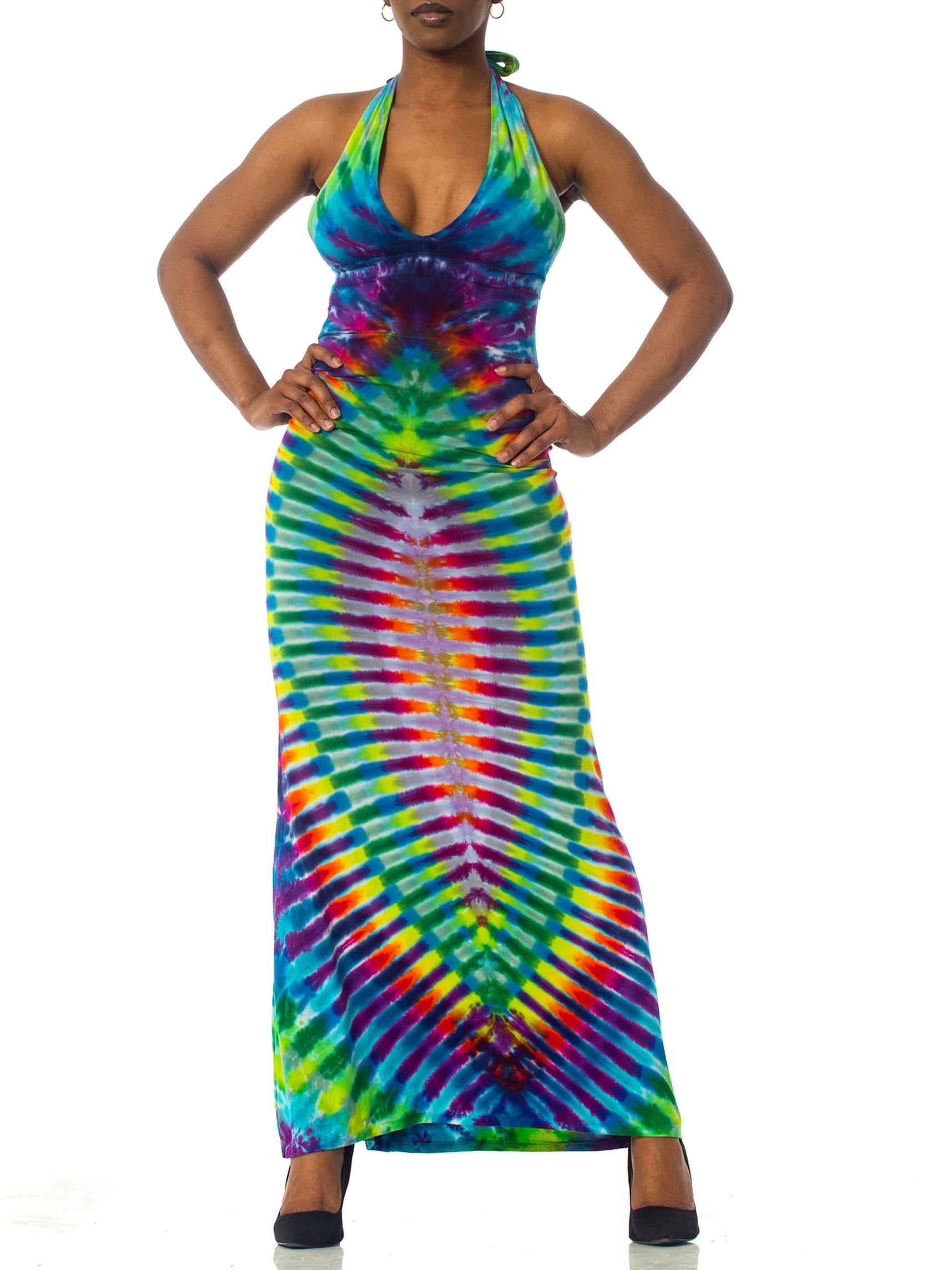 1970'S Multicolor Rayon Jersey Hand Tie Dyed Halter Dress 1
