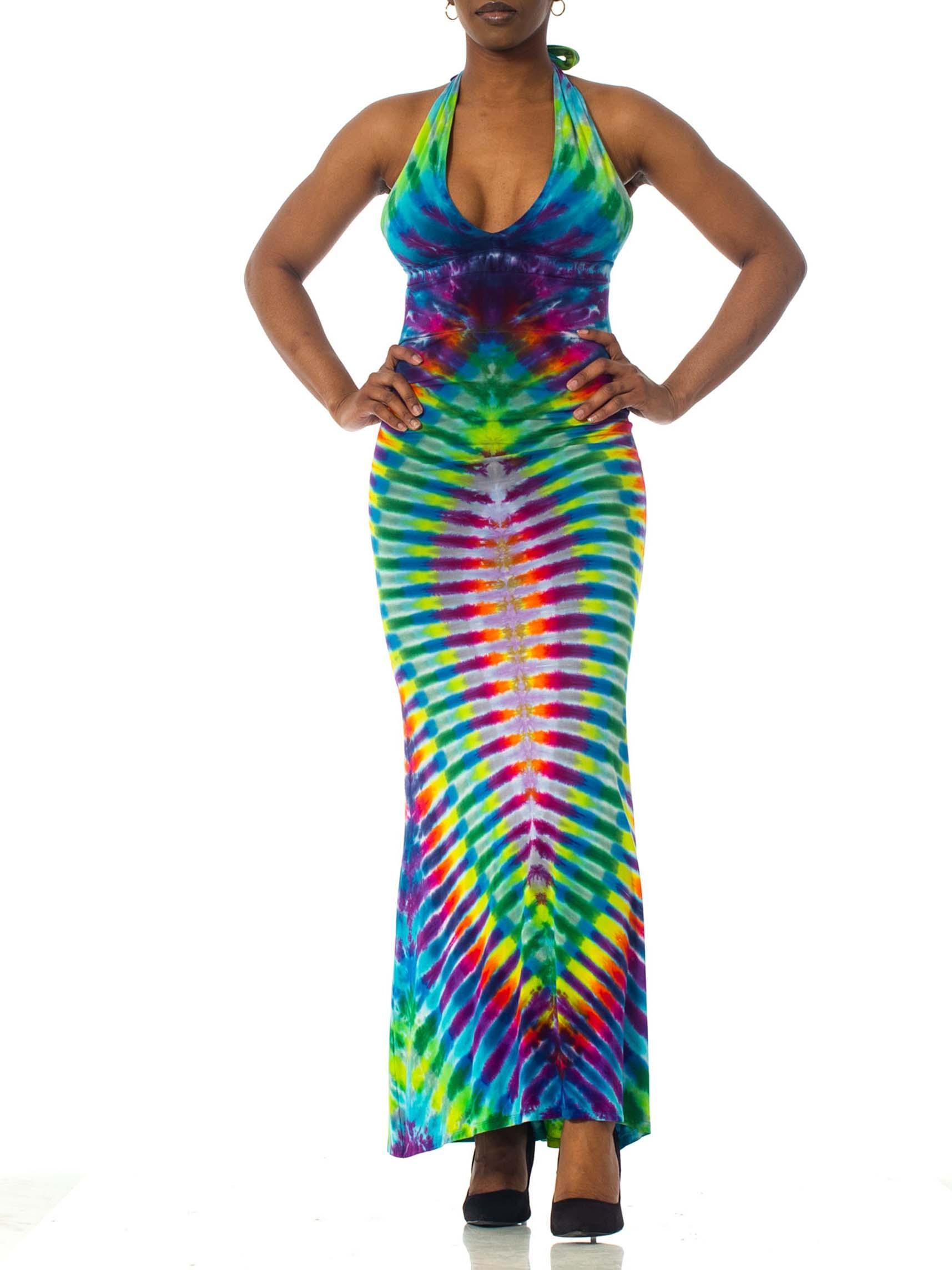 1970'S Multicolor Rayon Jersey Hand Tie Dyed Halter Dress 2
