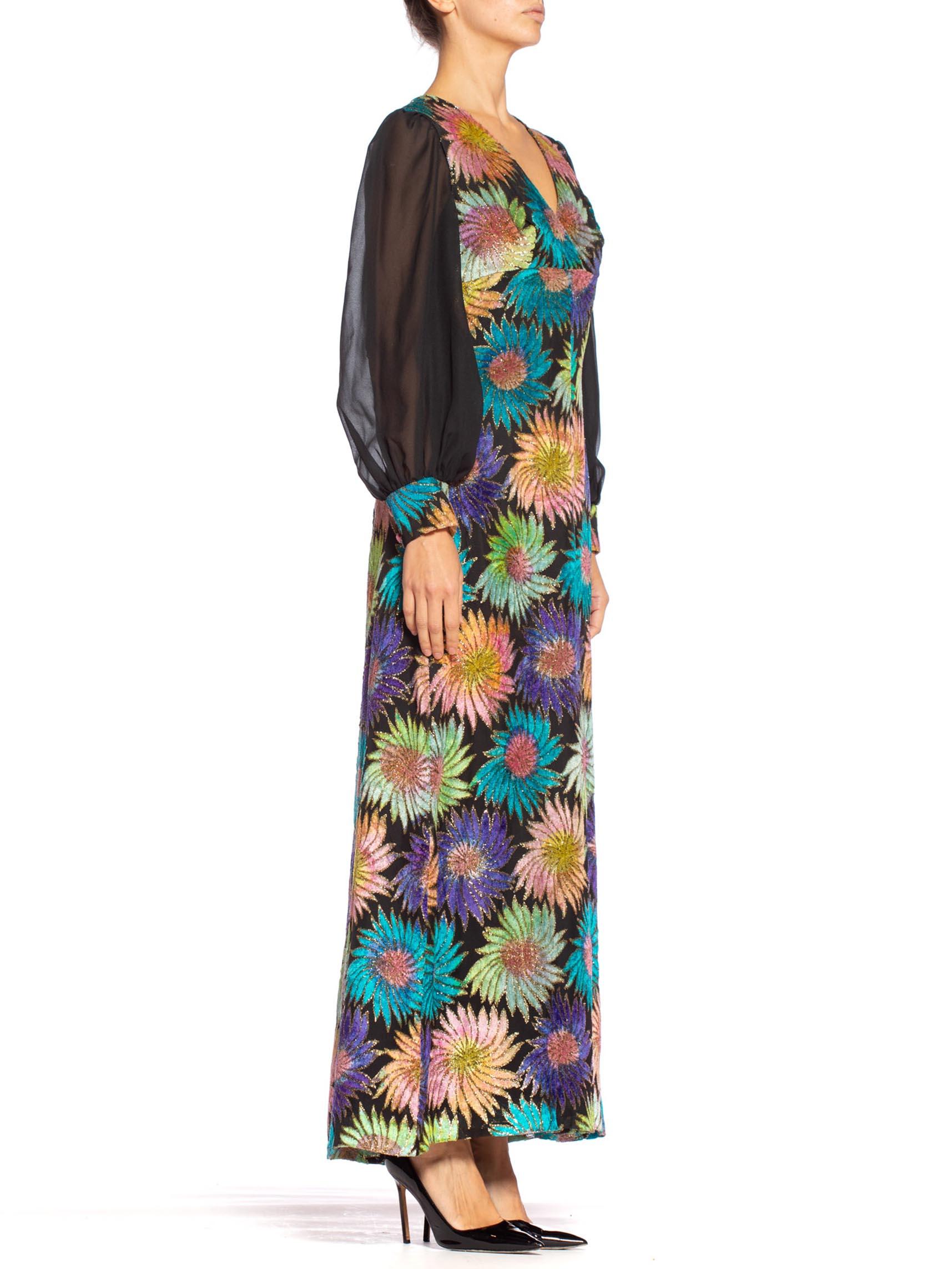 1970'S Rainbow Rayon Blend Burnout Velvet Empire Waist & Sleeved Gown Hand Tie  In Excellent Condition In New York, NY