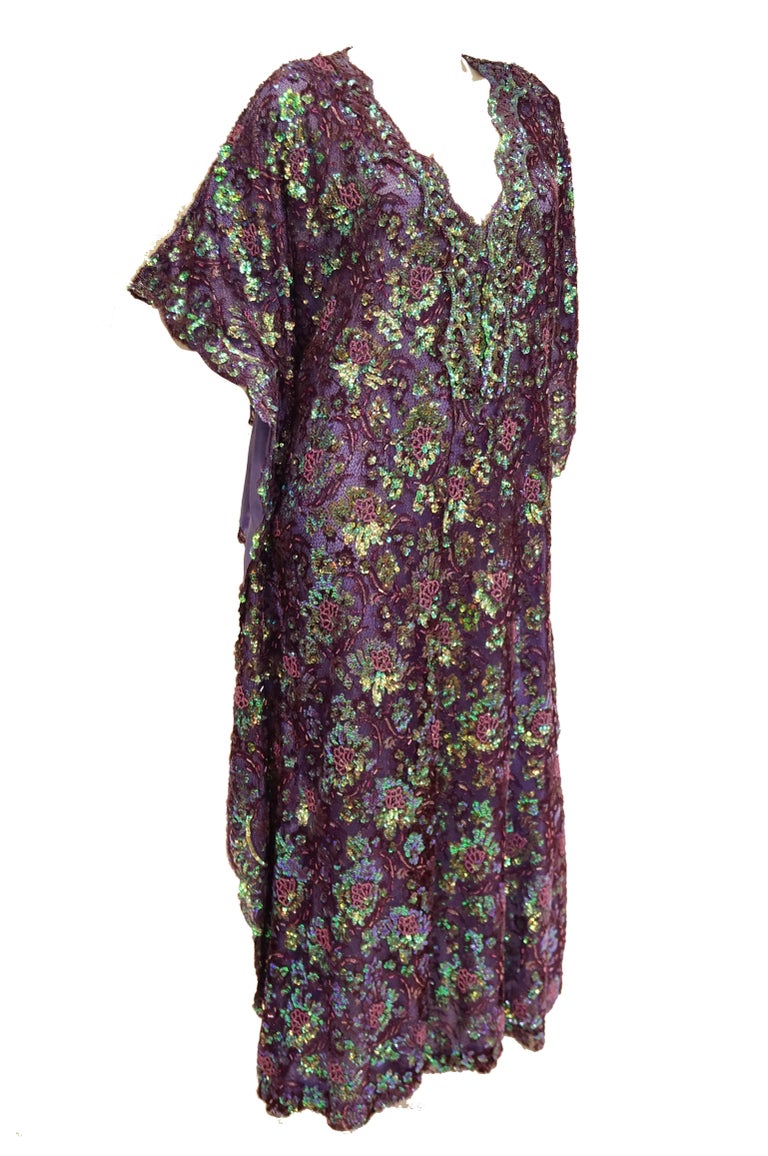 1970s Hand Embroidered Iridescent Floral Sequin Kaftan For Sale at 1stDibs