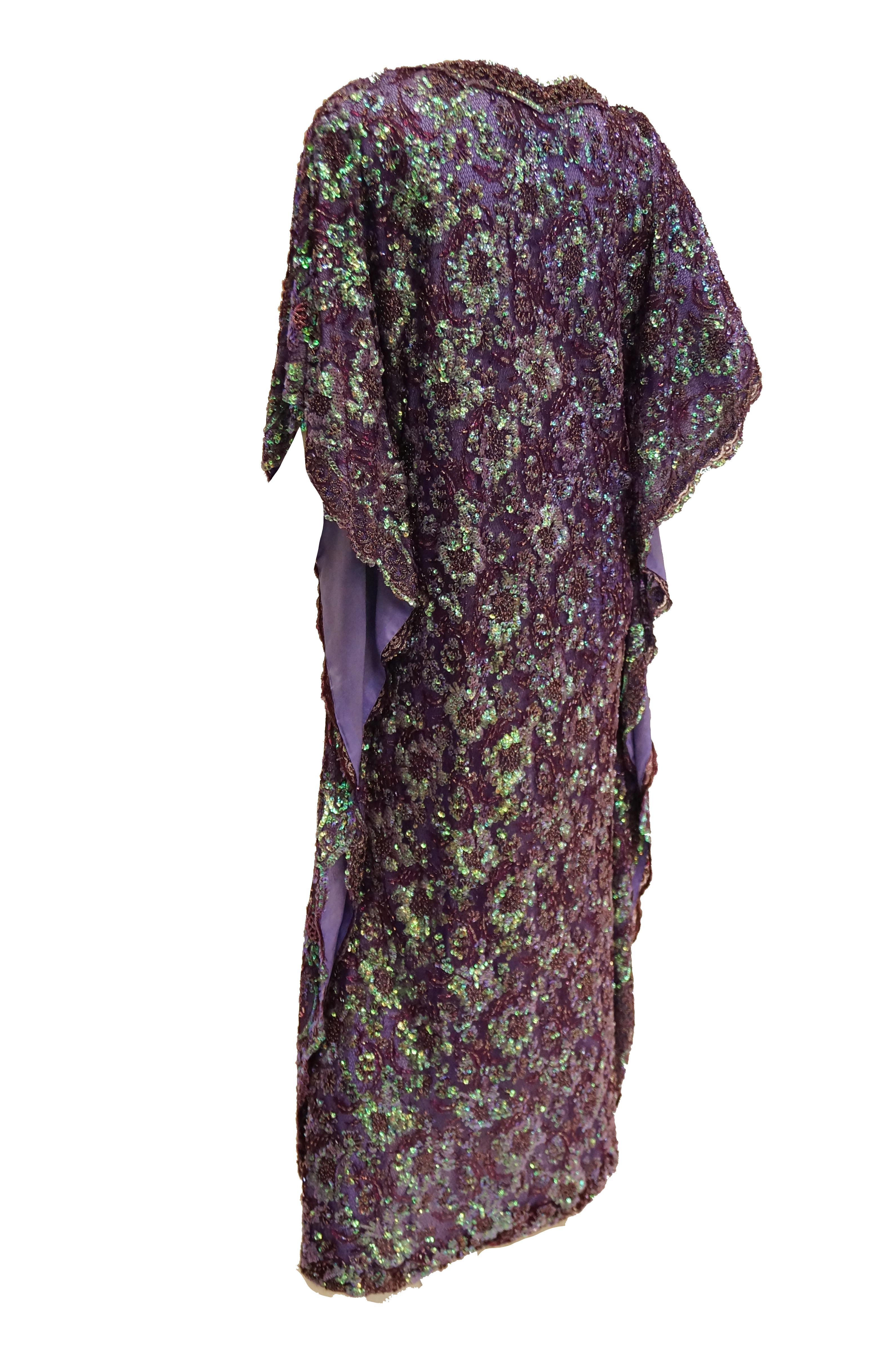 Women's 1970s Hand Embroidered Iridescent Floral Sequin Kaftan For Sale