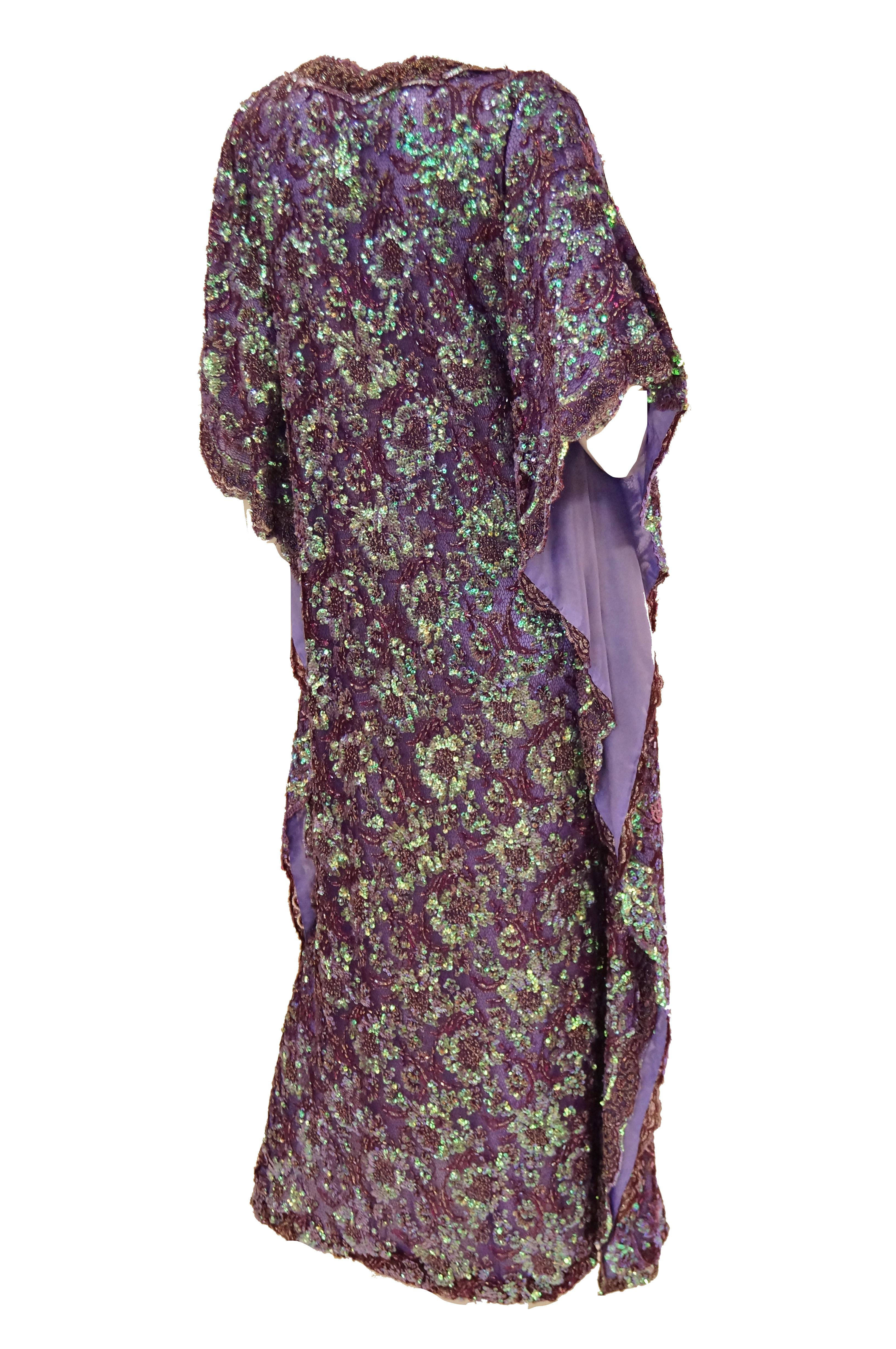 1970s Hand Embroidered Iridescent Floral Sequin Kaftan For Sale 2