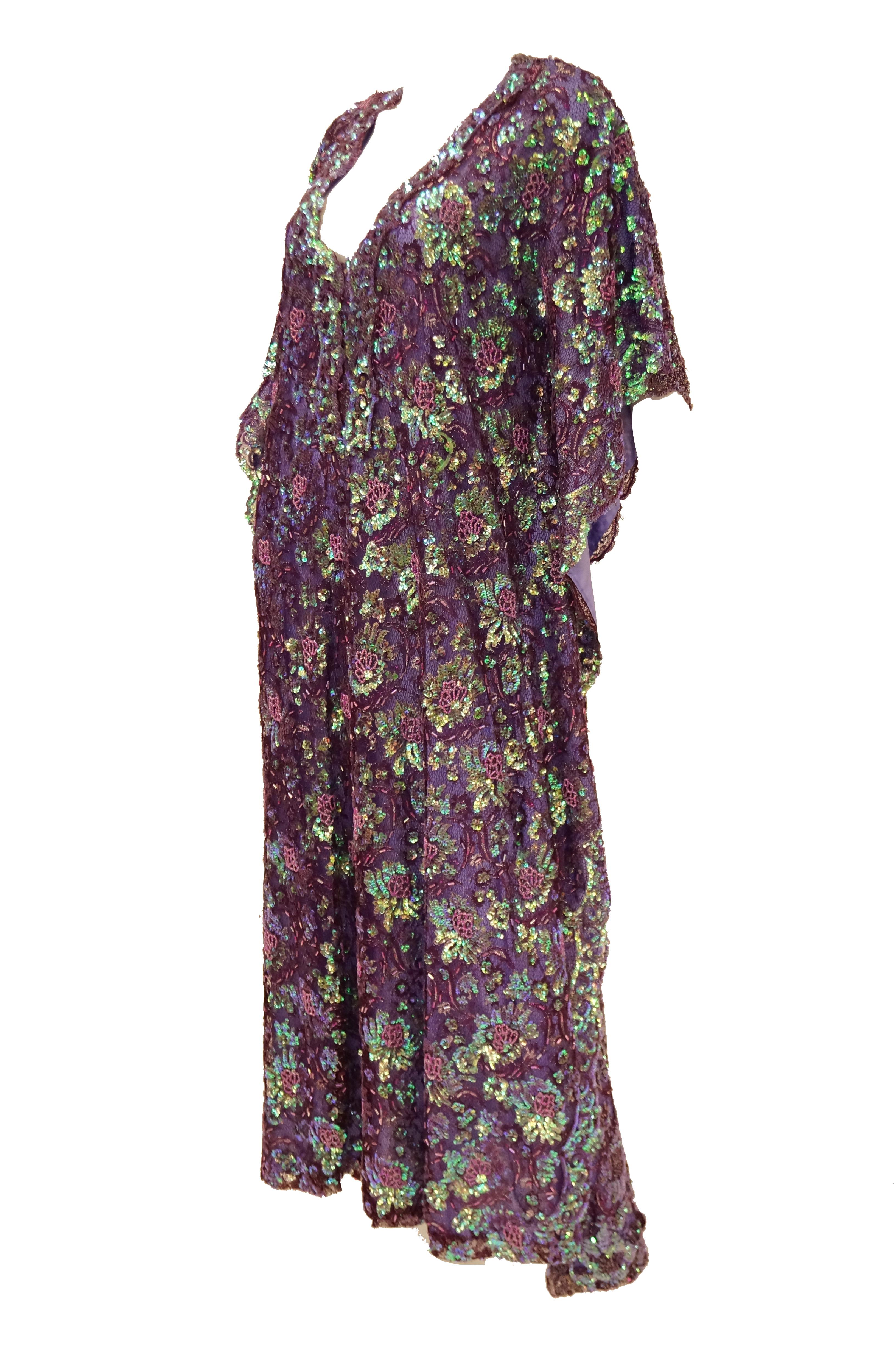 1970s Hand Embroidered Iridescent Floral Sequin Kaftan For Sale 3