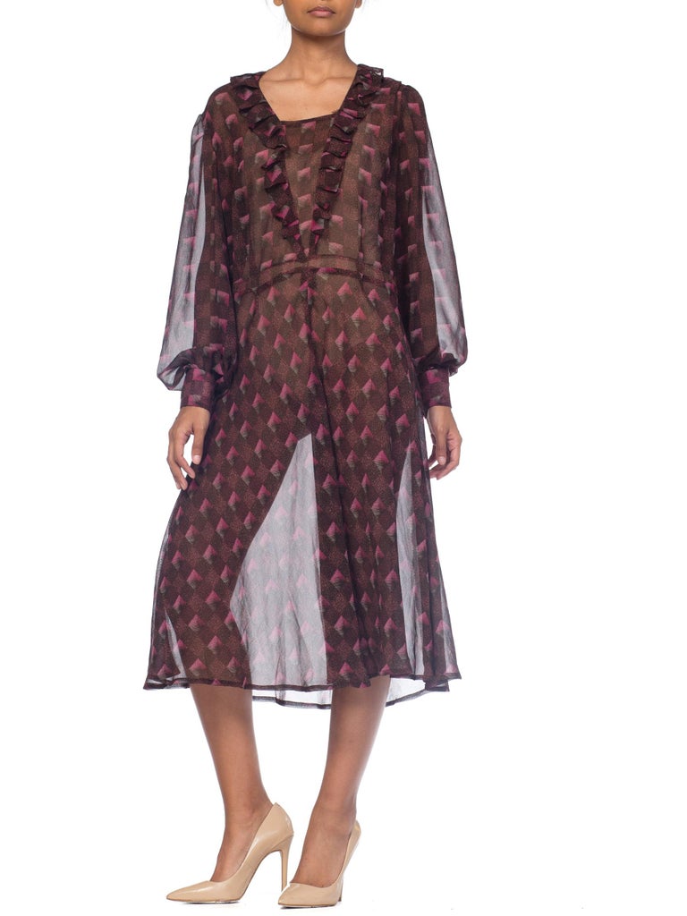 1970S Hand Finished Rayon Chiffon Ruffled Boho Dress For Sale at 1stDibs