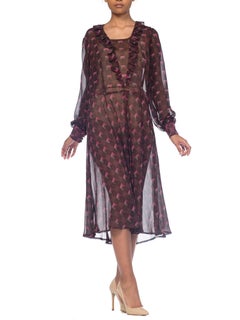 1970S Hand Finished Rayon Chiffon Ruffled Boho Dress