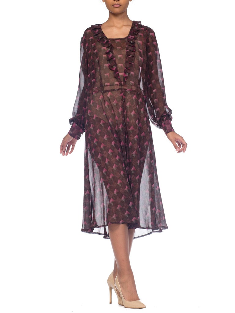 1970S Hand Finished Rayon Chiffon Ruffled Boho Dress For Sale at 1stDibs