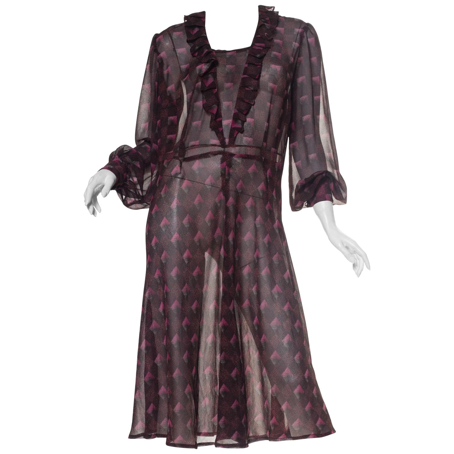 1970S Hand Finished Rayon Chiffon Ruffled Boho Dress For Sale