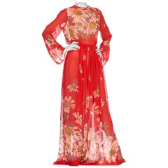 1970's Hand Finished Red Floral Chiffon Boho Maxi Dress