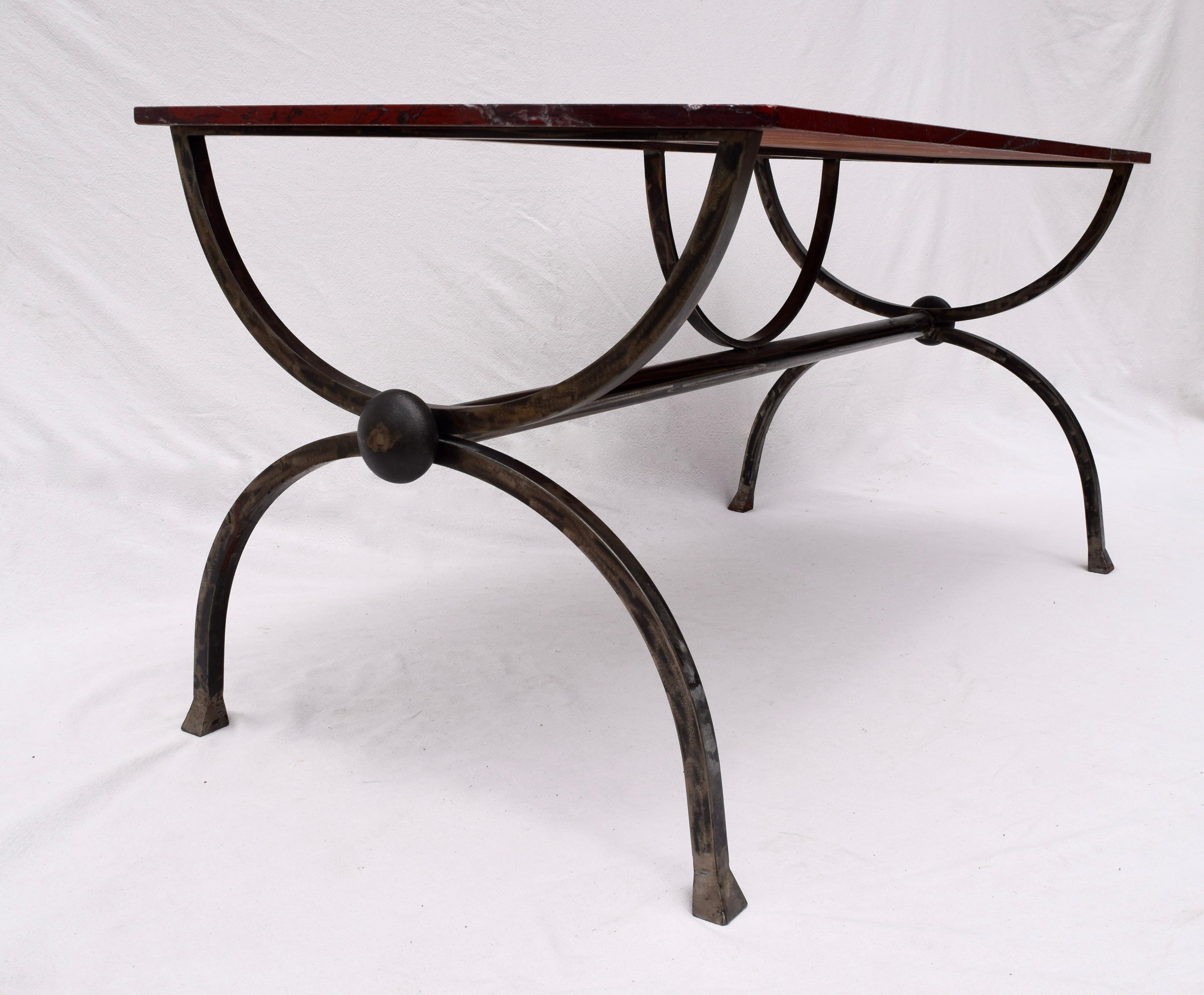 1970s Hand Forged Steel Curule Form Dining Table with Marble Stone Top 4