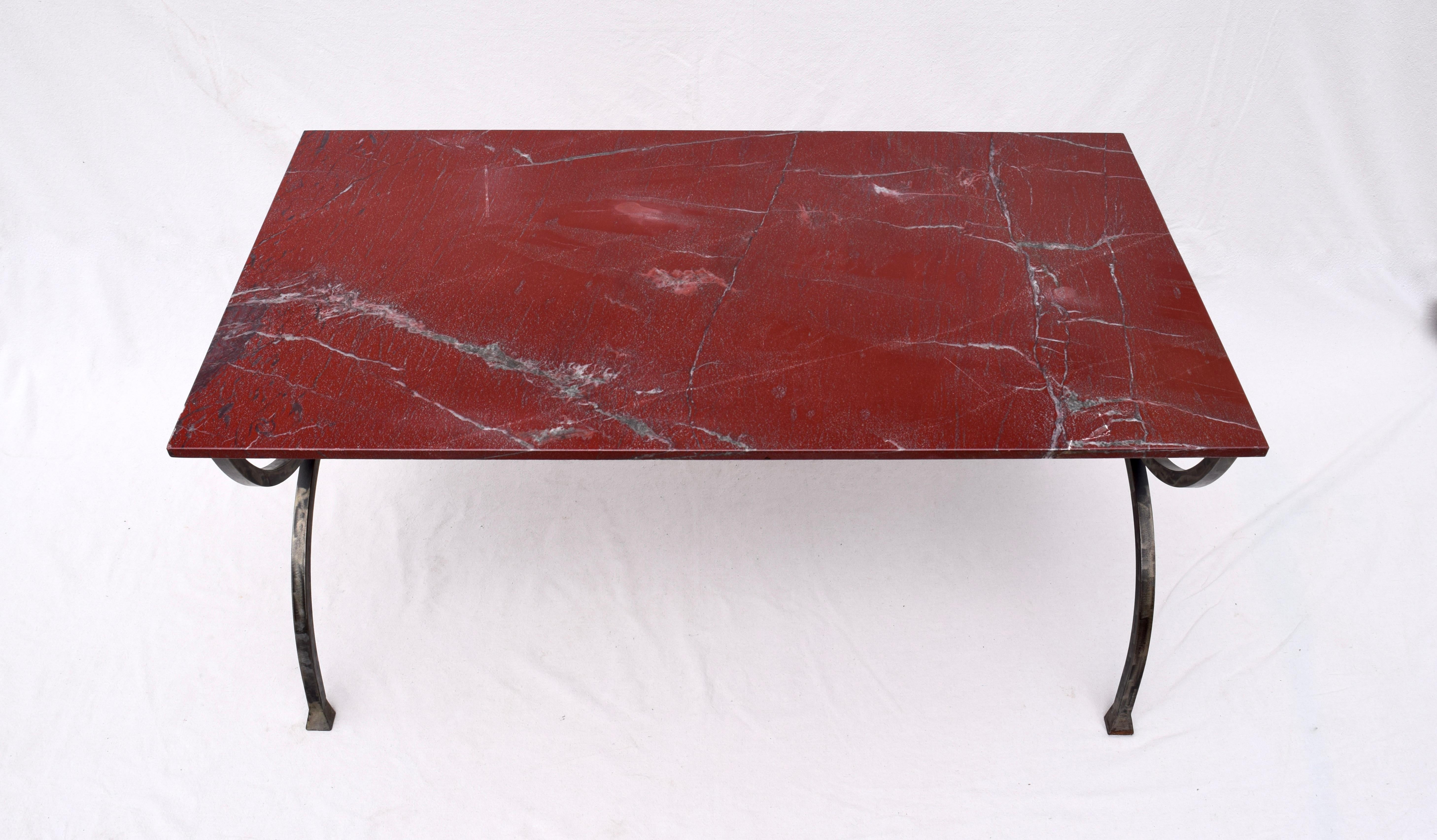 Neoclassical 1970s Hand Forged Steel Curule Form Dining Table with Marble Stone Top