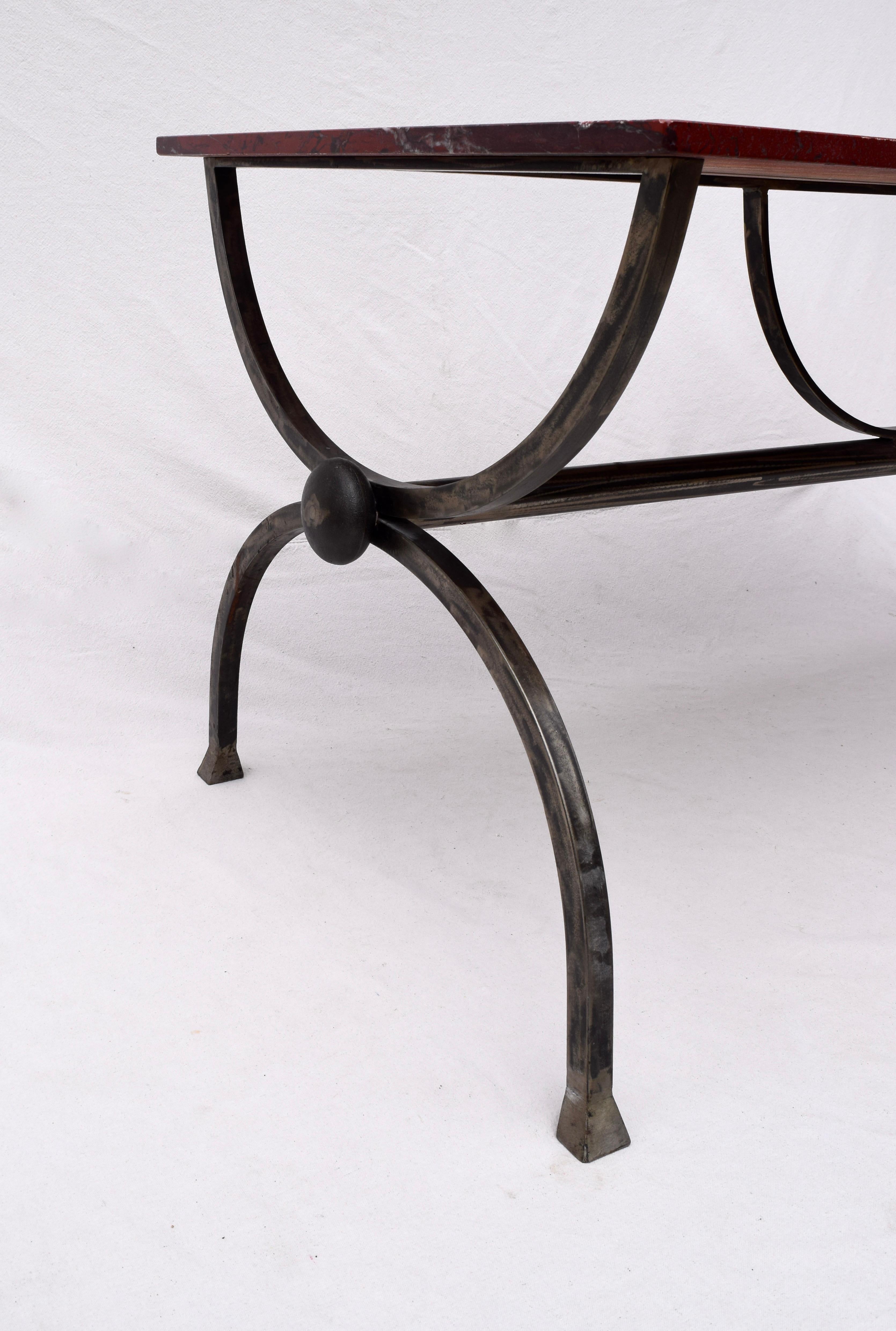 American 1970s Hand Forged Steel Curule Form Dining Table with Marble Stone Top