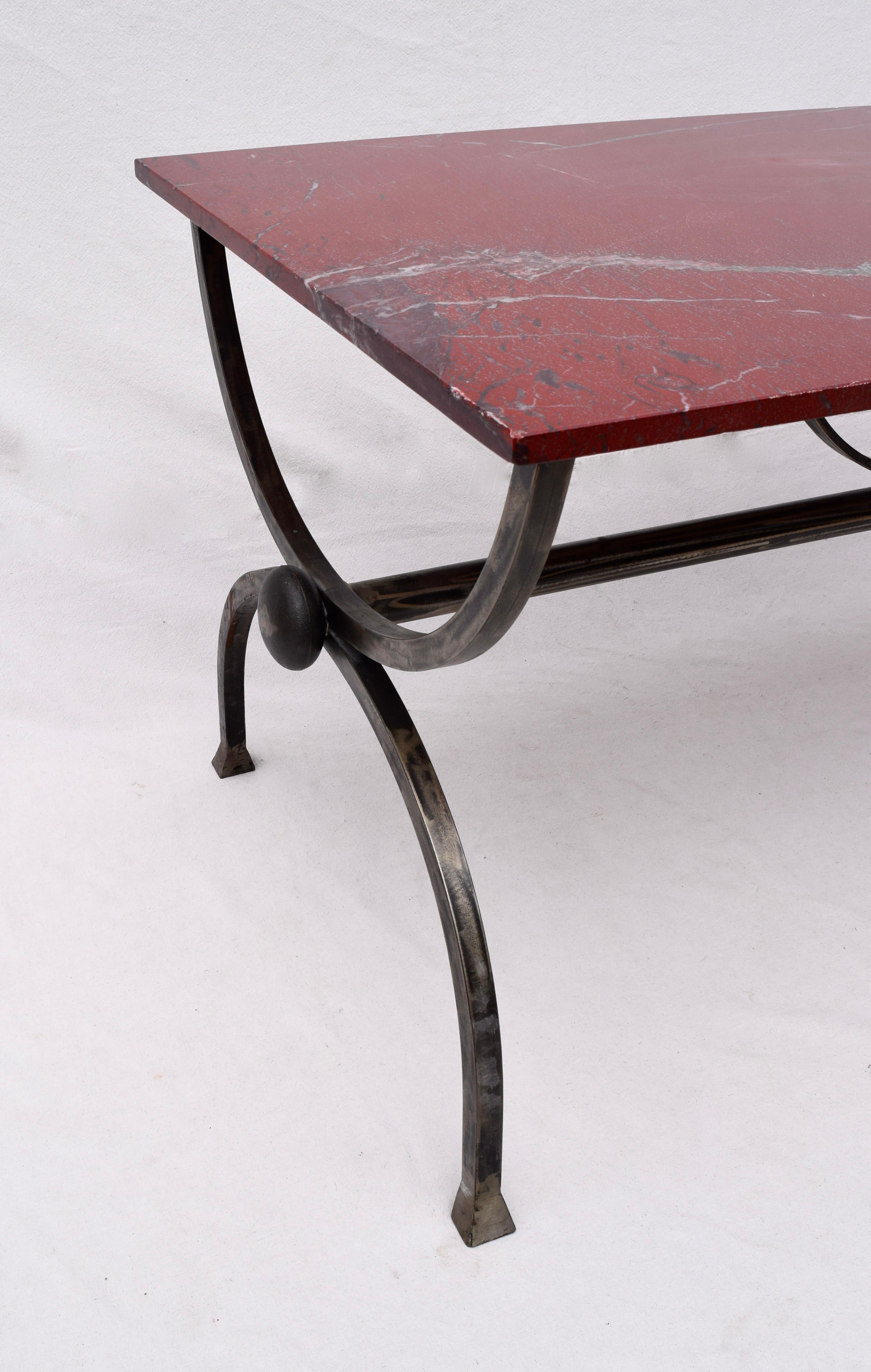 1970s Hand Forged Steel Curule Form Dining Table with Marble Stone Top In Good Condition In Southampton, NJ