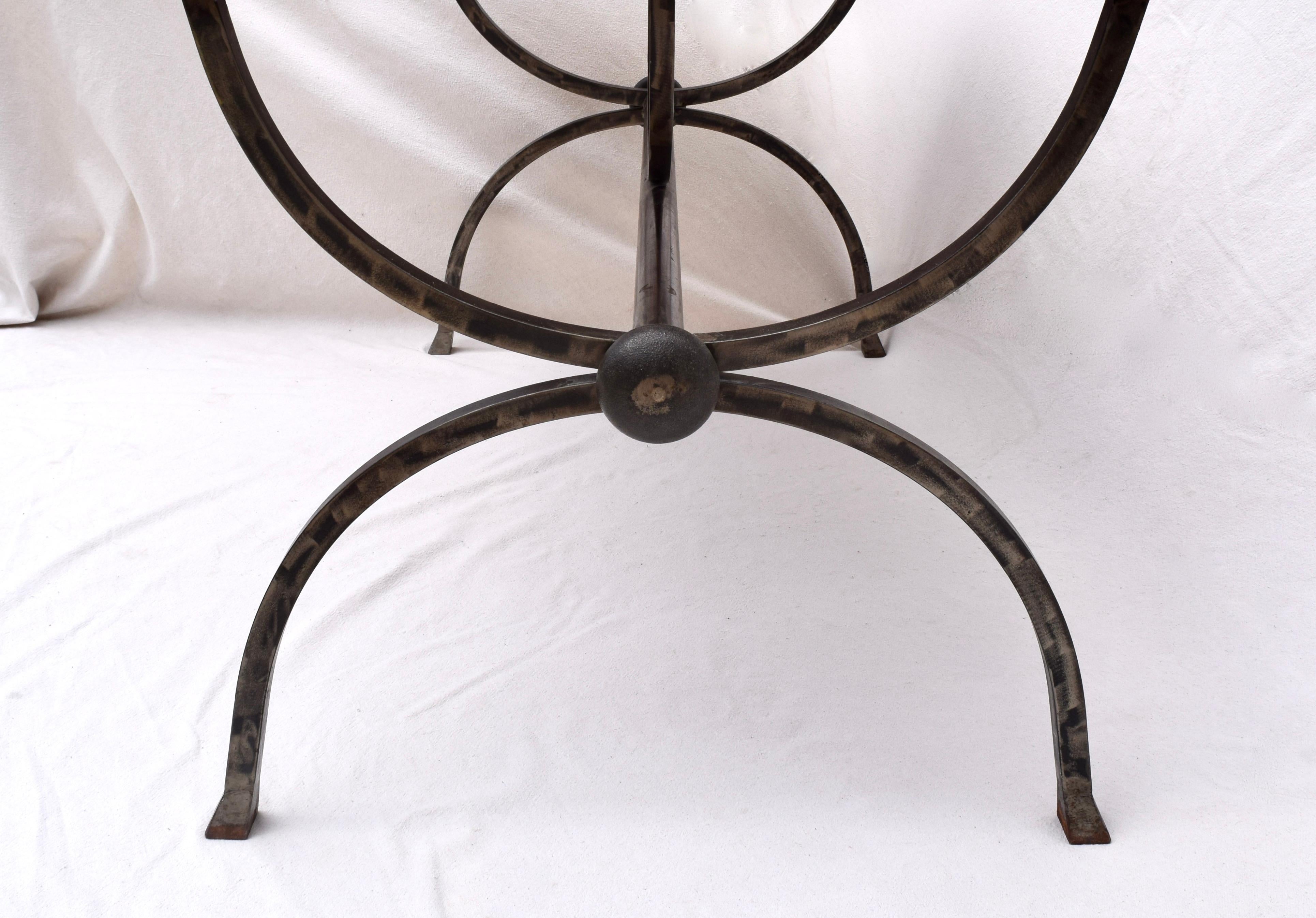 Late 20th Century 1970s Hand Forged Steel Curule Form Dining Table with Marble Stone Top