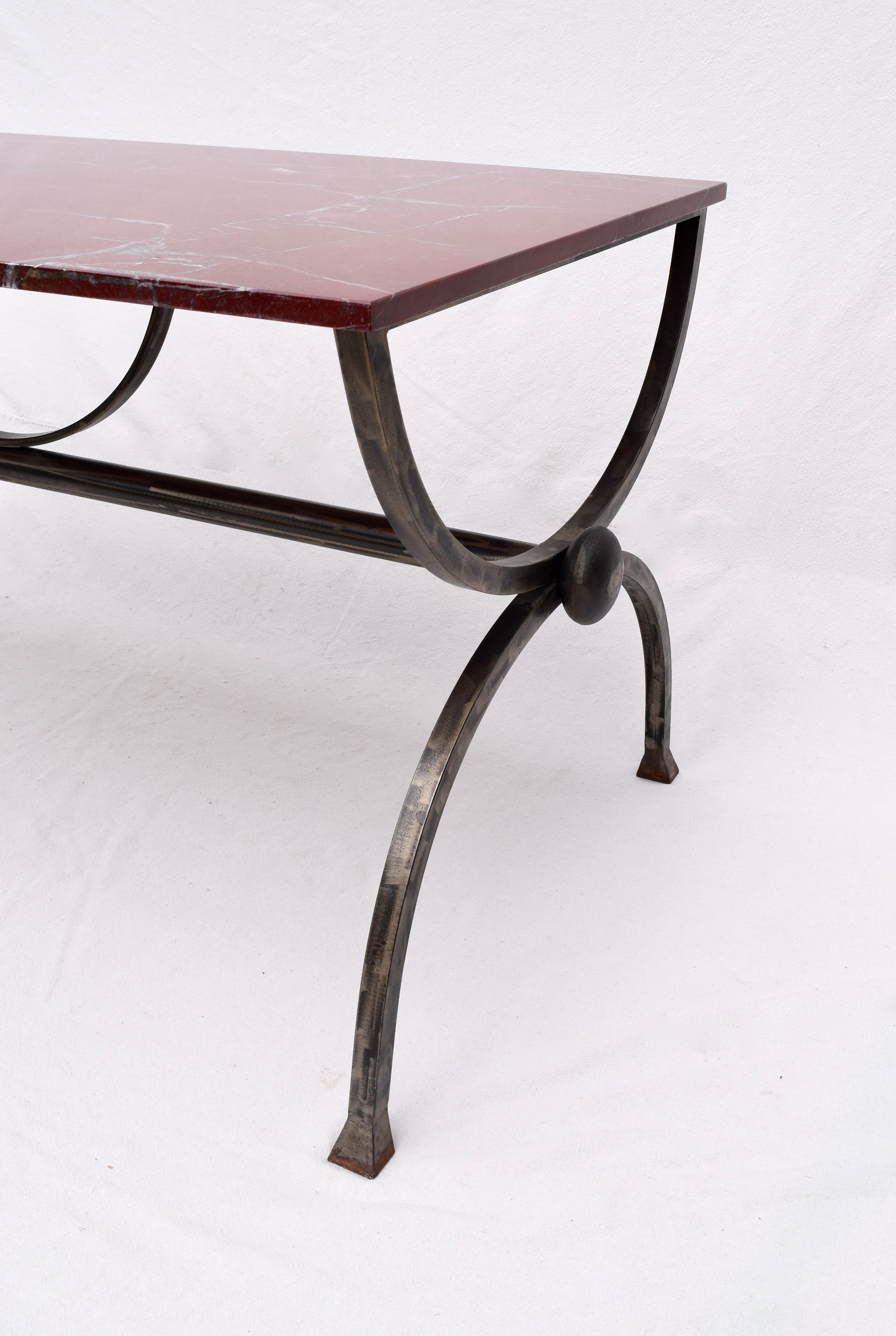 1970s Hand Forged Steel Curule Form Dining Table with Marble Stone Top 2