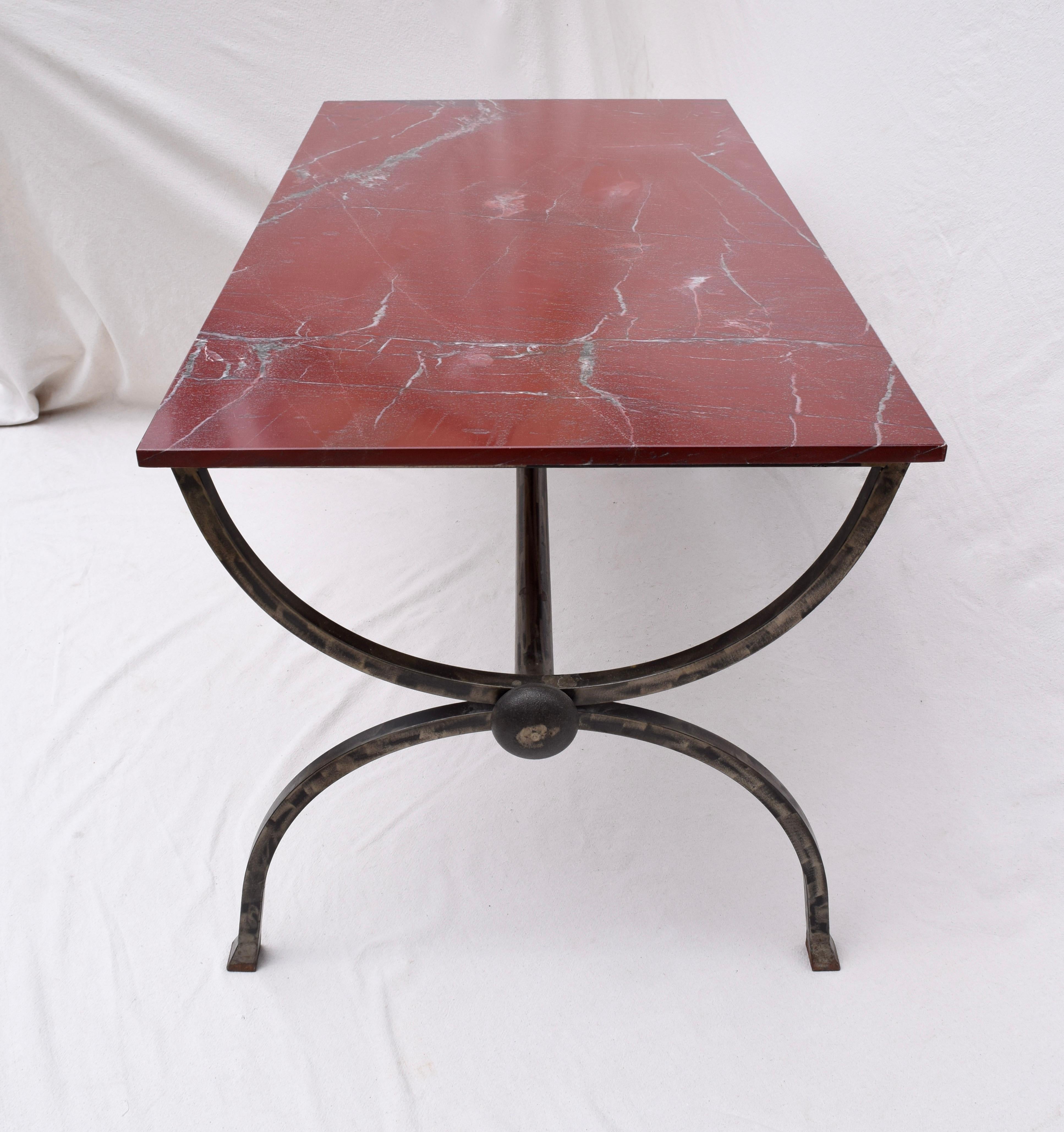 1970s Hand Forged Steel Curule Form Dining Table with Marble Stone Top 3