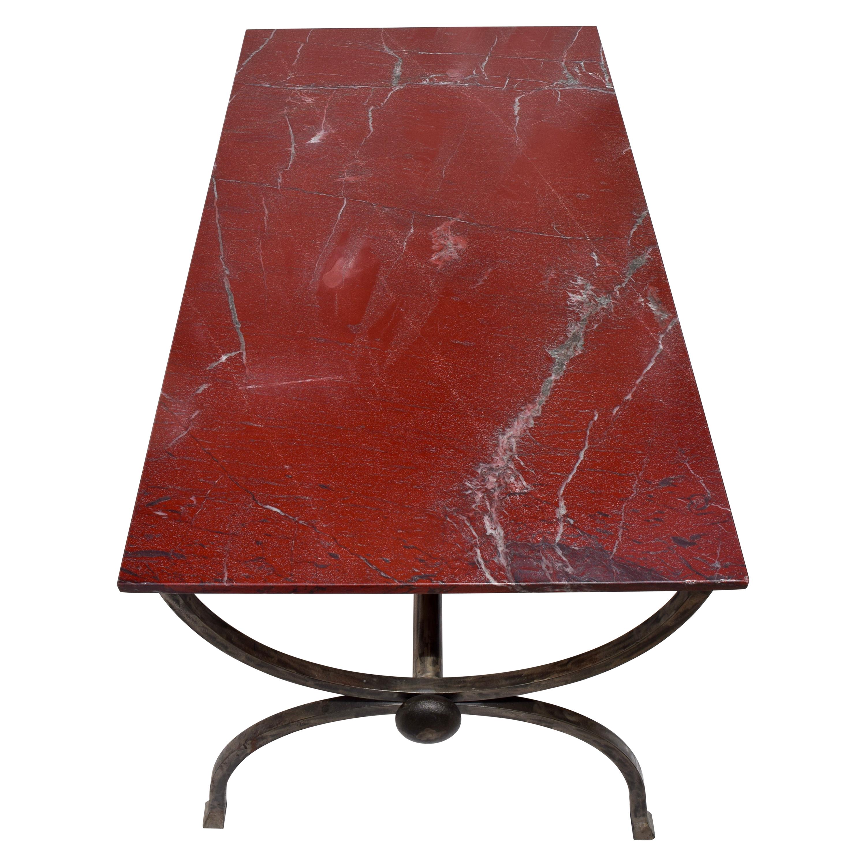 1970s Hand Forged Steel Curule Form Dining Table with Marble Stone Top