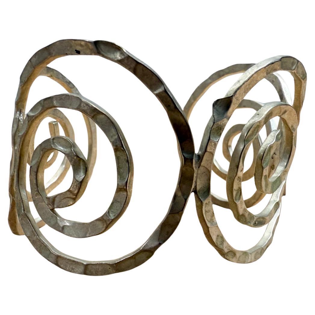 1970s Hand Hammered Sterling Silver Spiral Cuff Bracelet Taxco