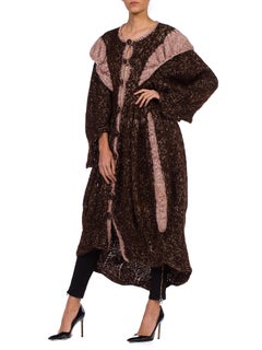 1970S Brown & Pink Wool Hand Knit Boho Maxi Sweater Coat