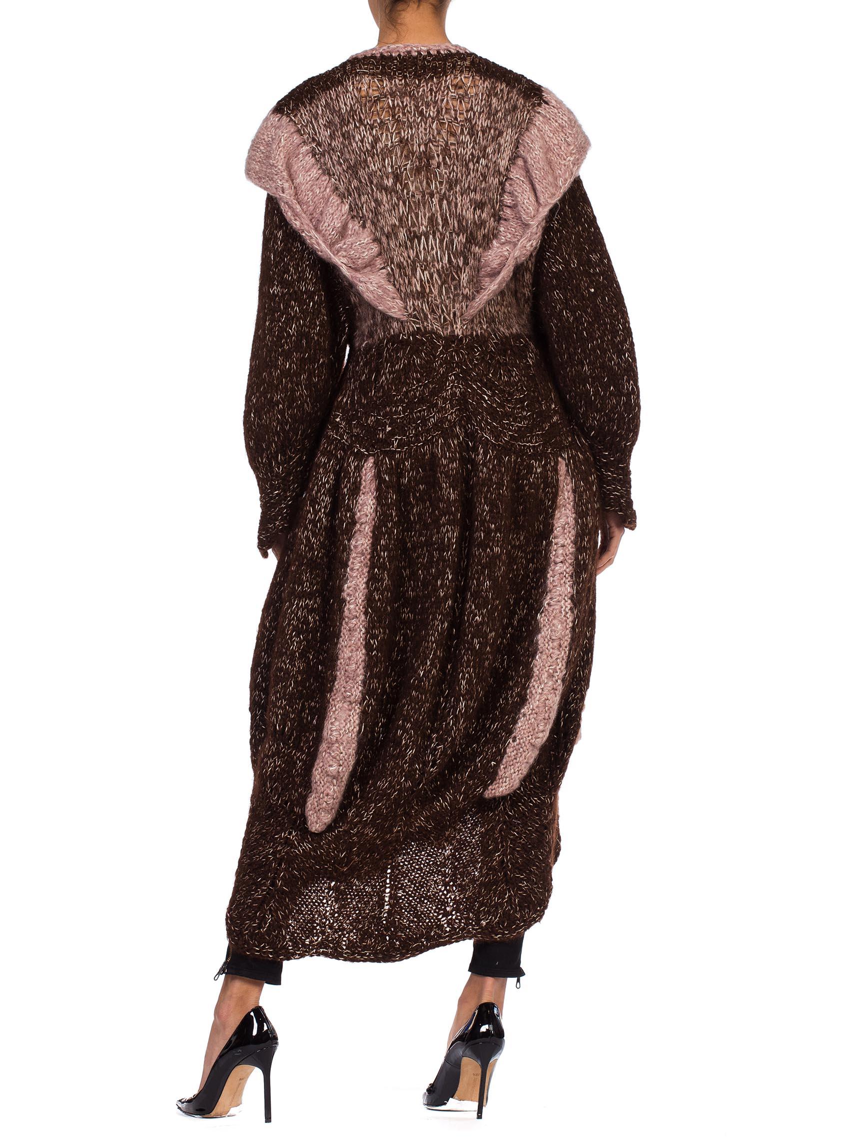 Women's 1970S Brown & Pink Wool Hand Knit Boho Maxi Sweater Coat