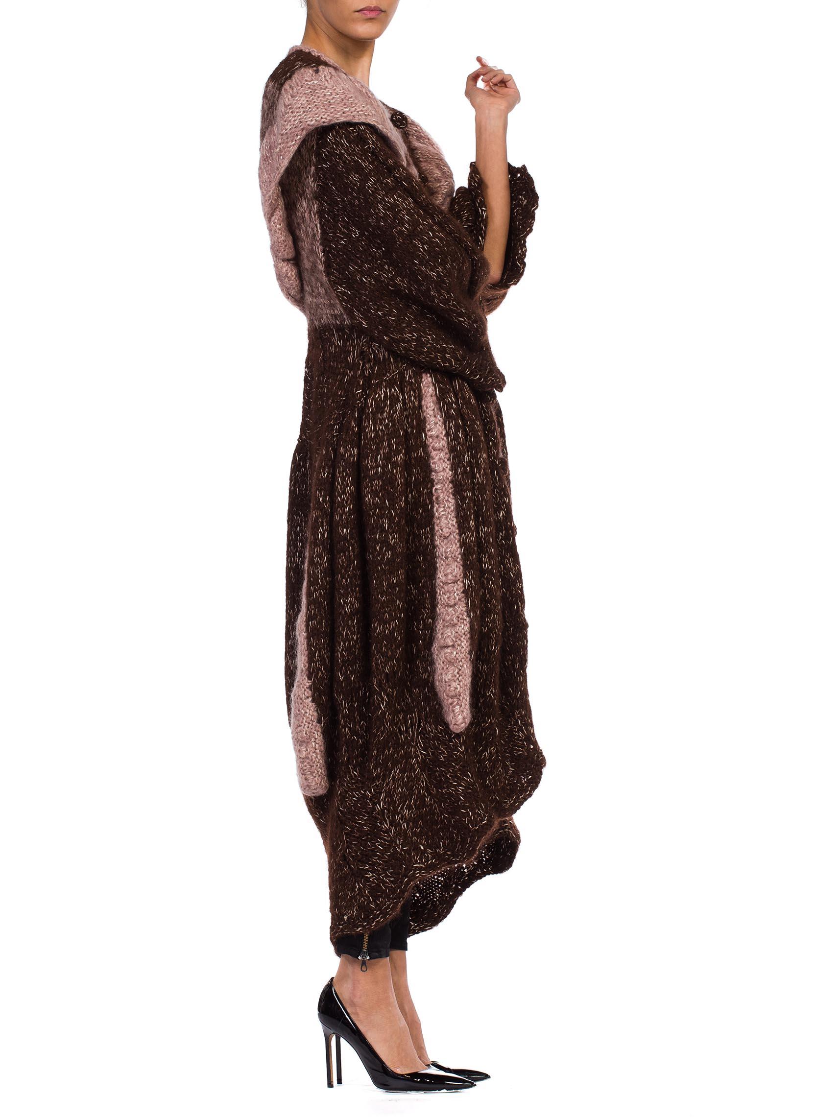 1970S Brown & Pink Wool Hand Knit Boho Maxi Sweater Coat 1