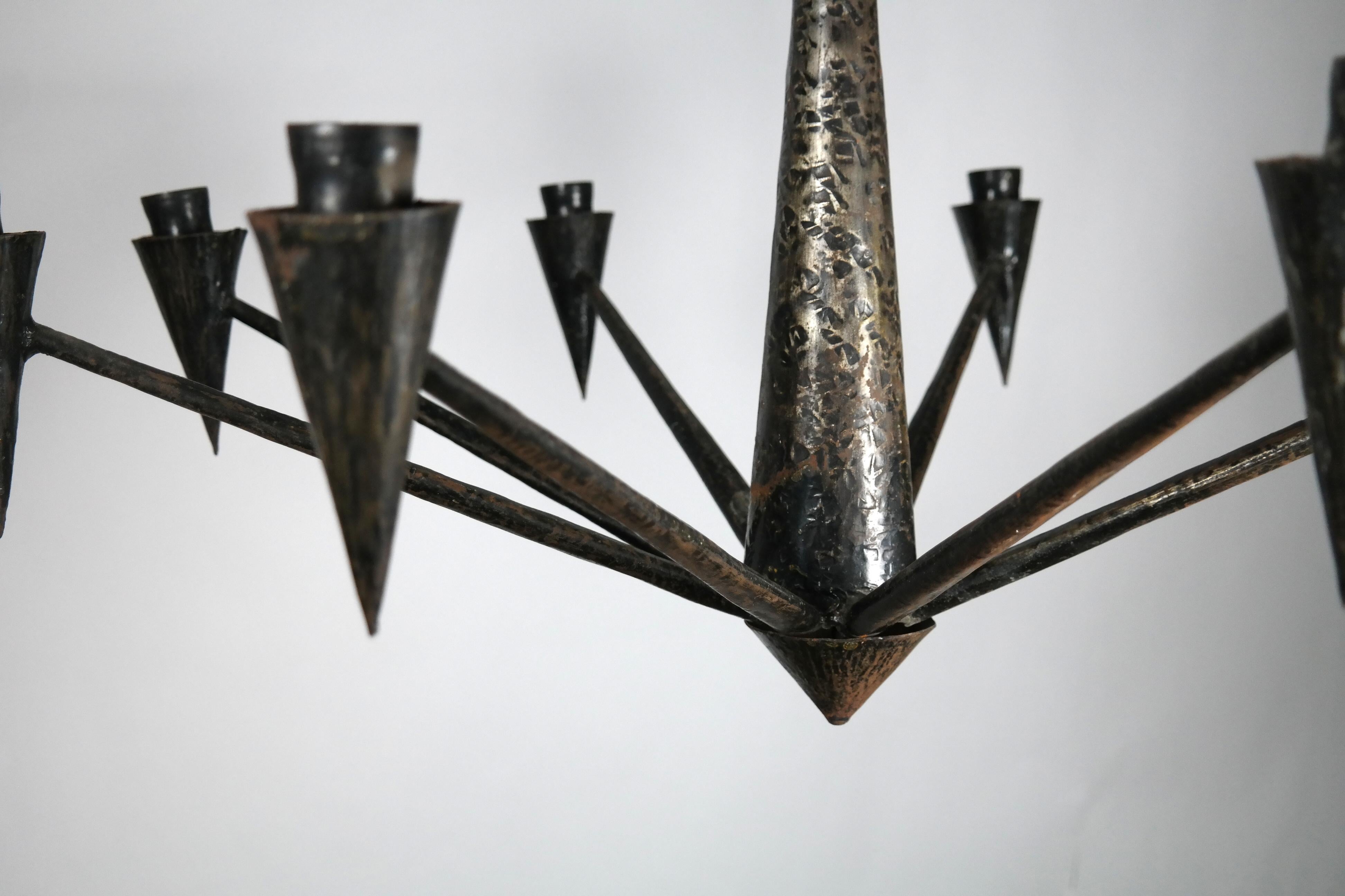 1970s Handmade Patinated Iron Chandelier, with 8 Arms 1