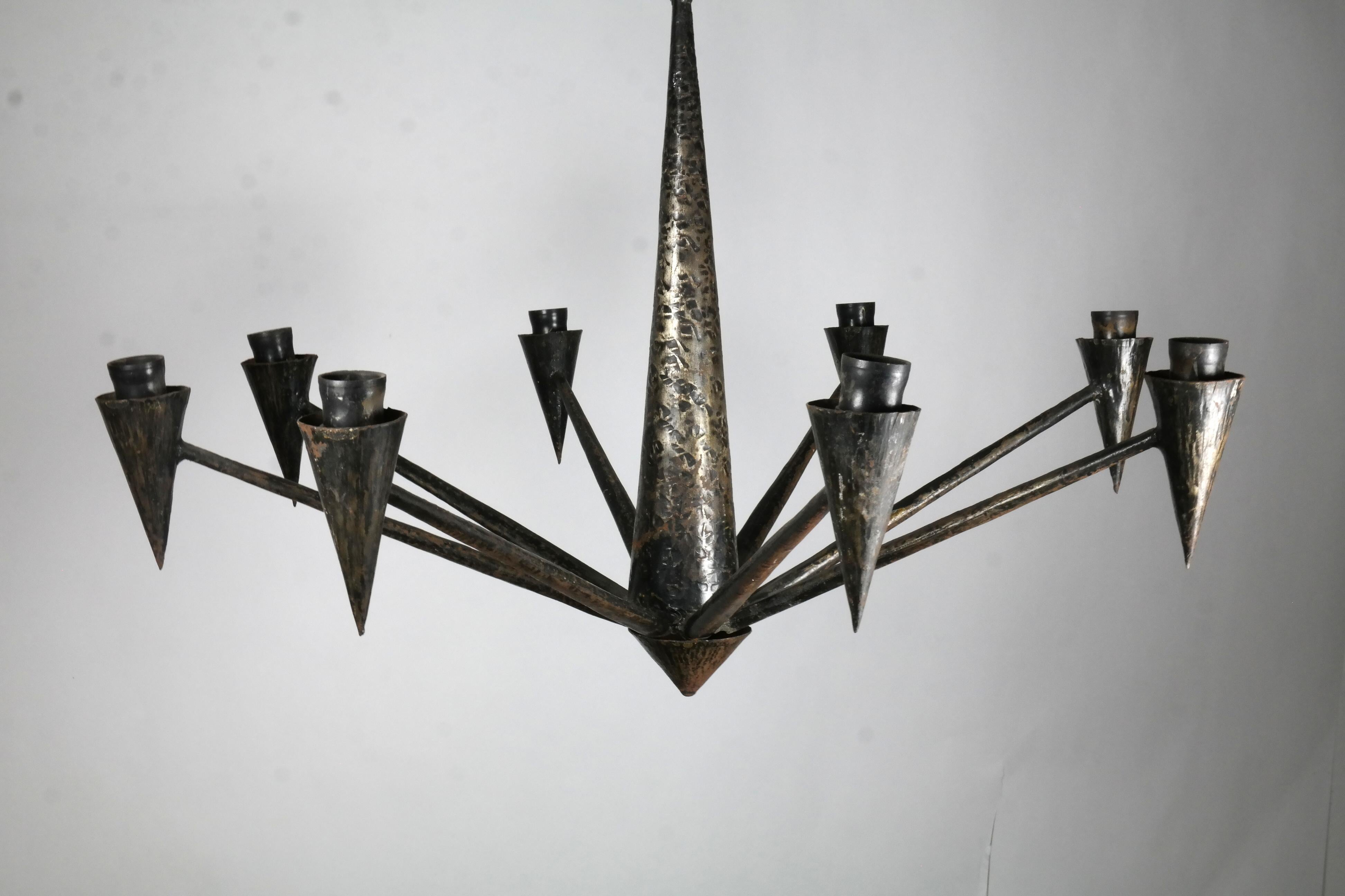1970s Handmade Patinated Iron Chandelier, with 8 Arms 2