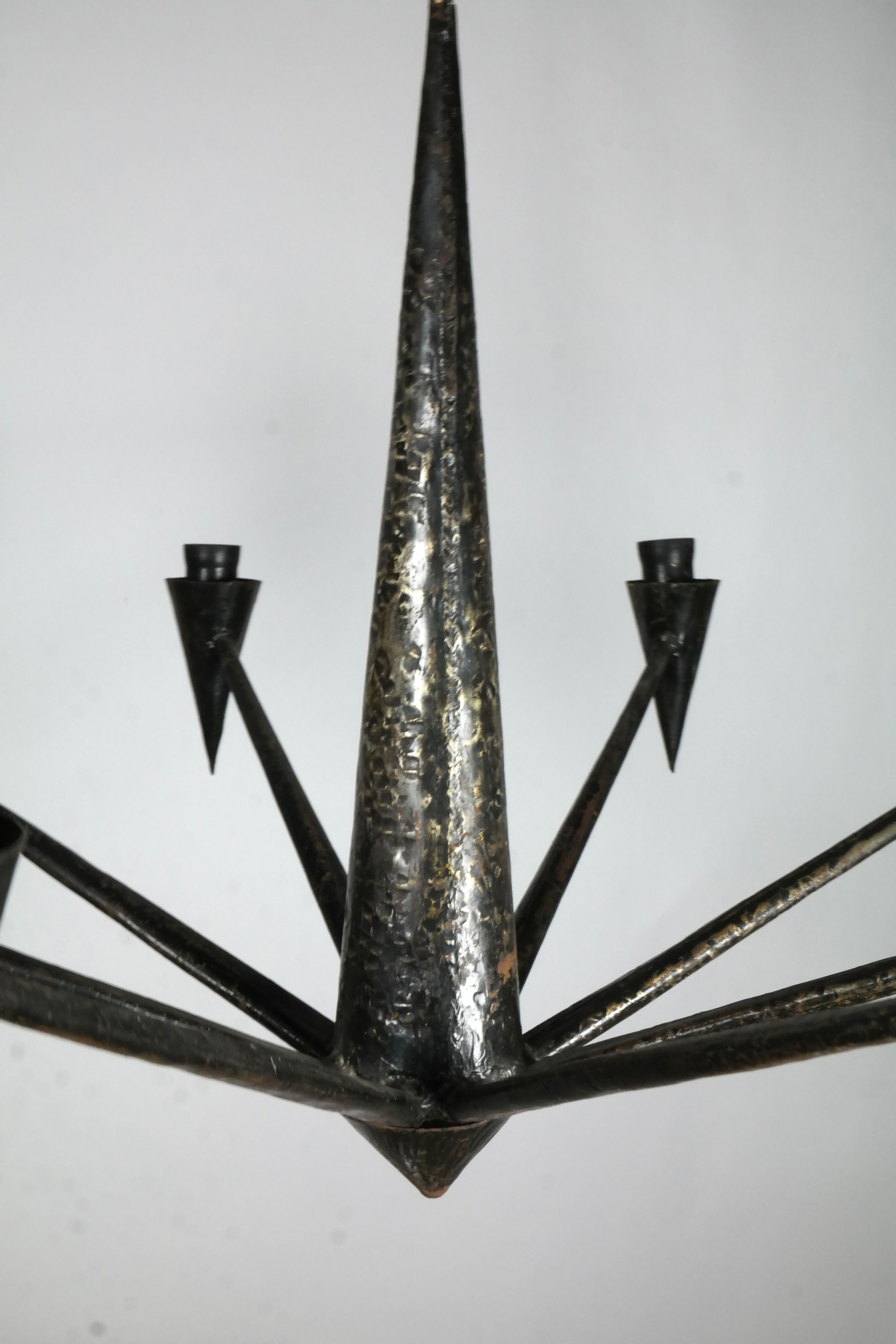 1970s Handmade Patinated Iron Chandelier, with 8 Arms 3