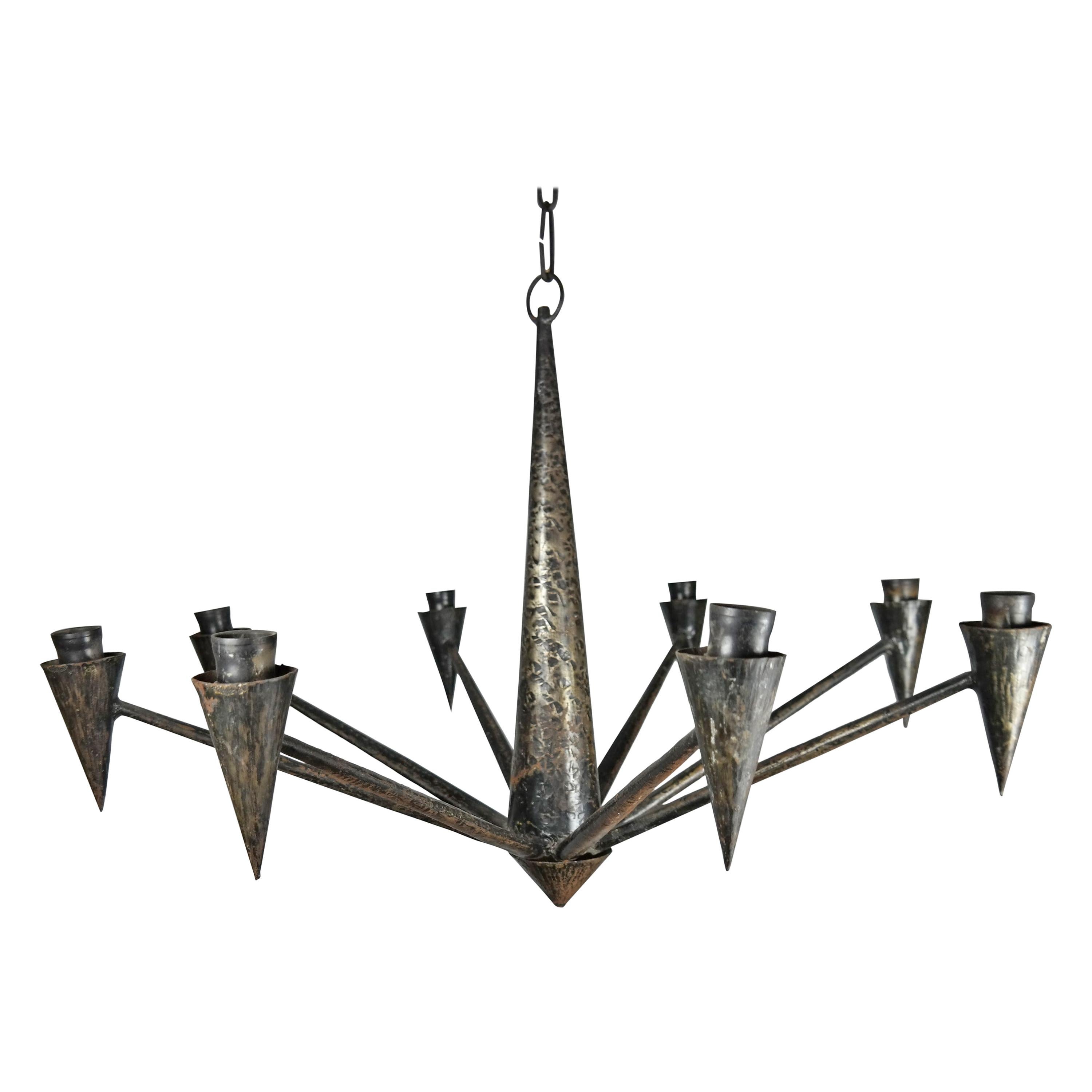 1970s Handmade Patinated Iron Chandelier, with 8 Arms