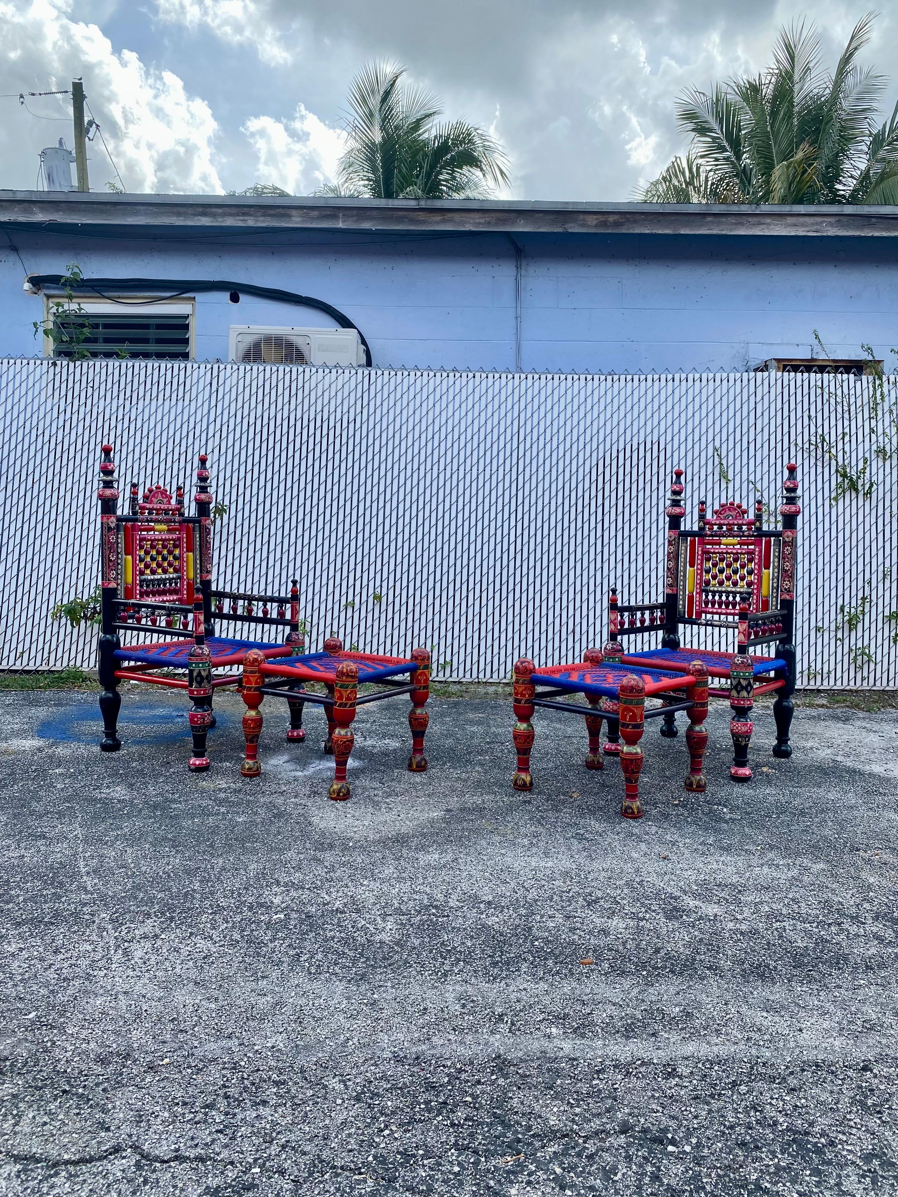 On offer on this occasion is one of the most stunning, hand painted and intricate wood tribal chairs and footstools you could hope to find. This is an ultra-rare opportunity to acquire what is, unequivocally, the best of the best, it being a most