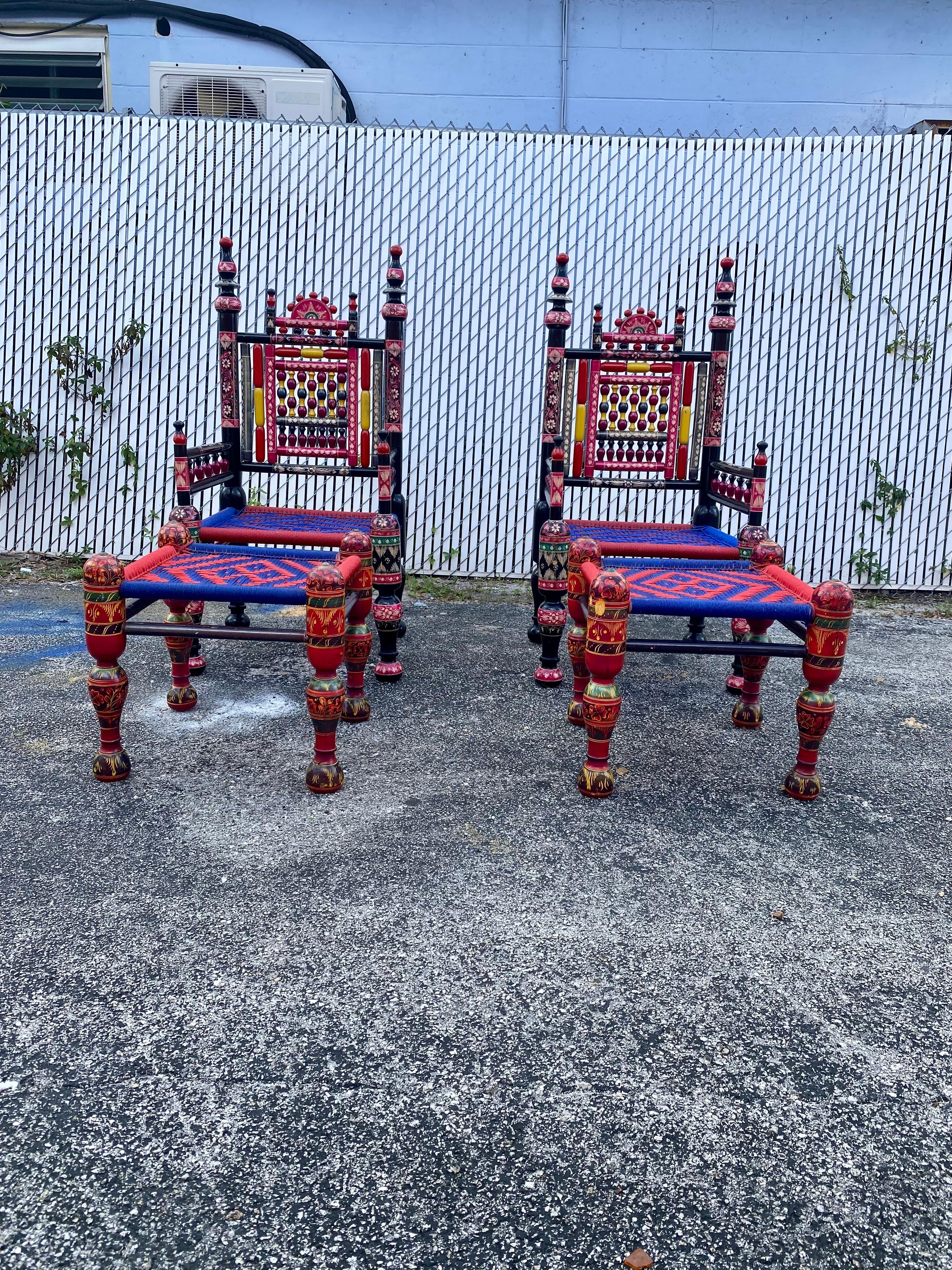 Southeast Asian 1960s Sculptural Painted Floral Spindle Panjubi Chairs Footstools, Set of 4 For Sale