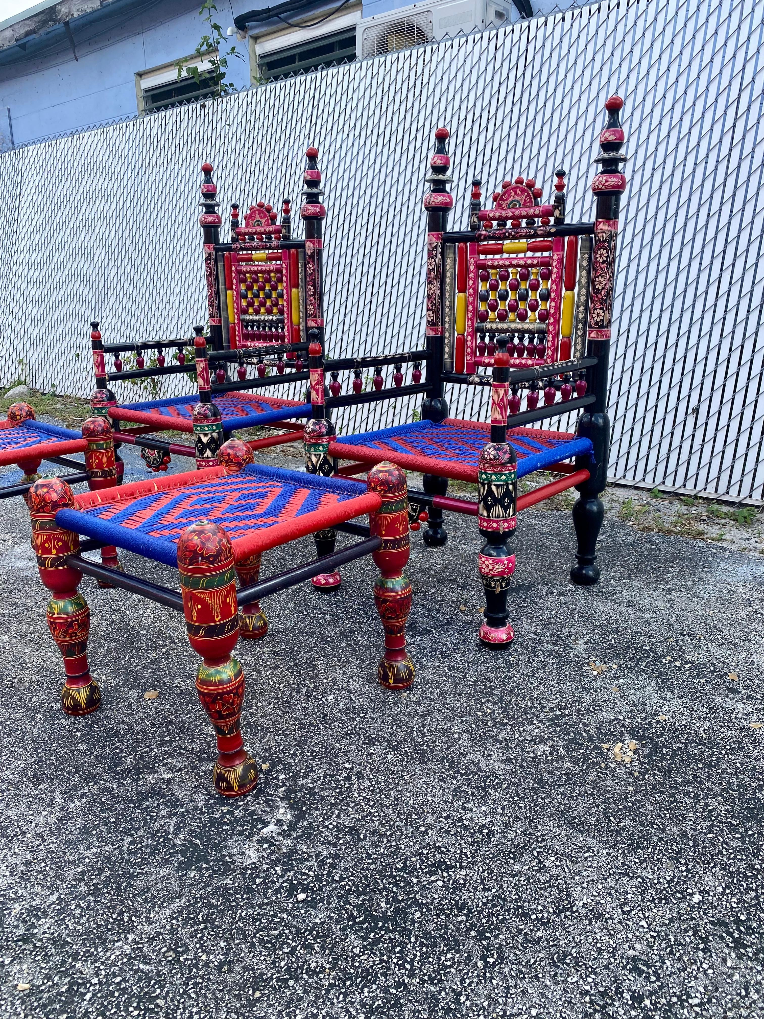 1960s Sculptural Painted Floral Spindle Panjubi Chairs Footstools, Set of 4 In Good Condition For Sale In Fort Lauderdale, FL