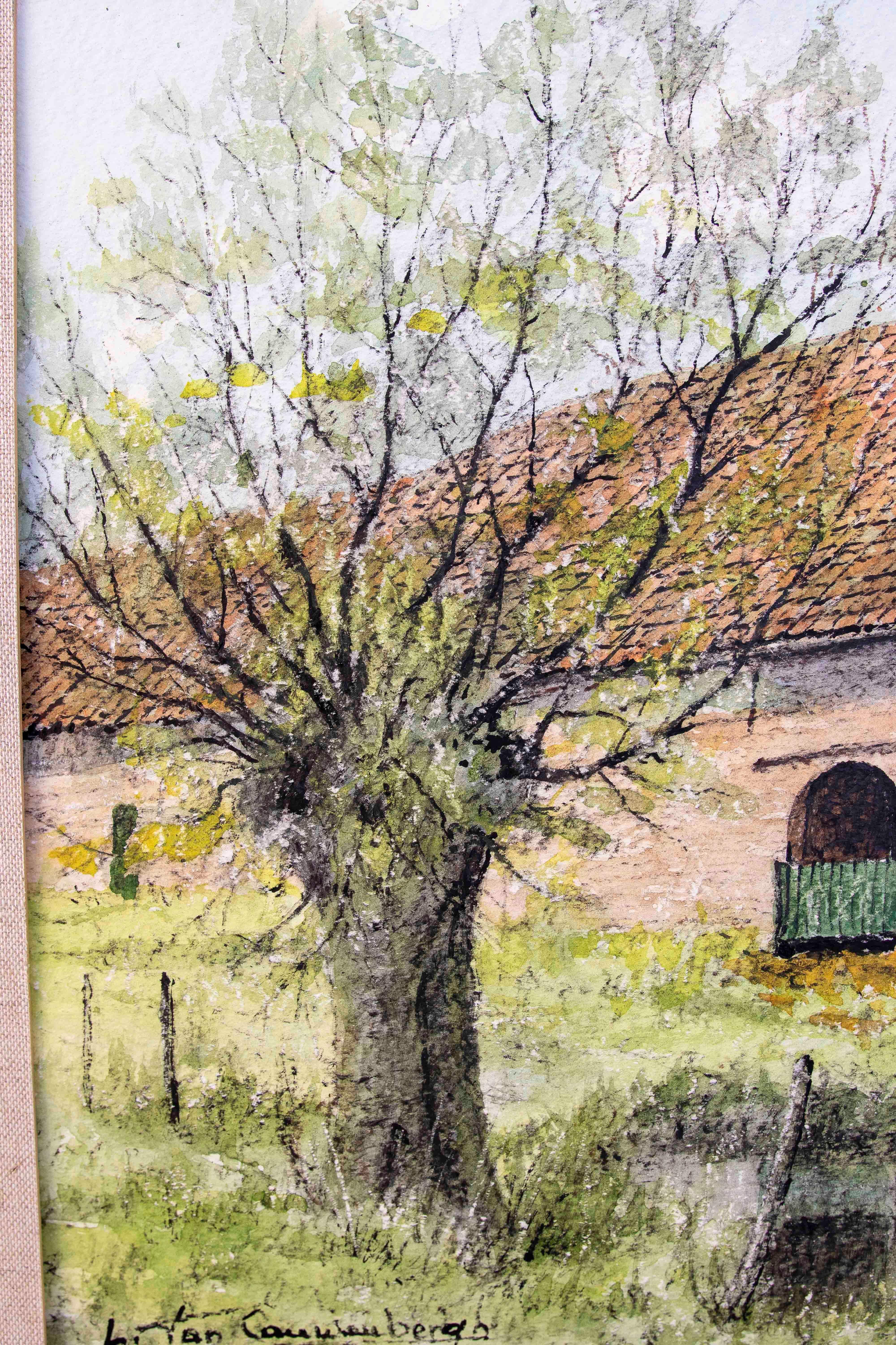 XX secolo Stampa degli anni '70 dipinta a mano e firmata di un fienile con alberi e vegetazione in vendita