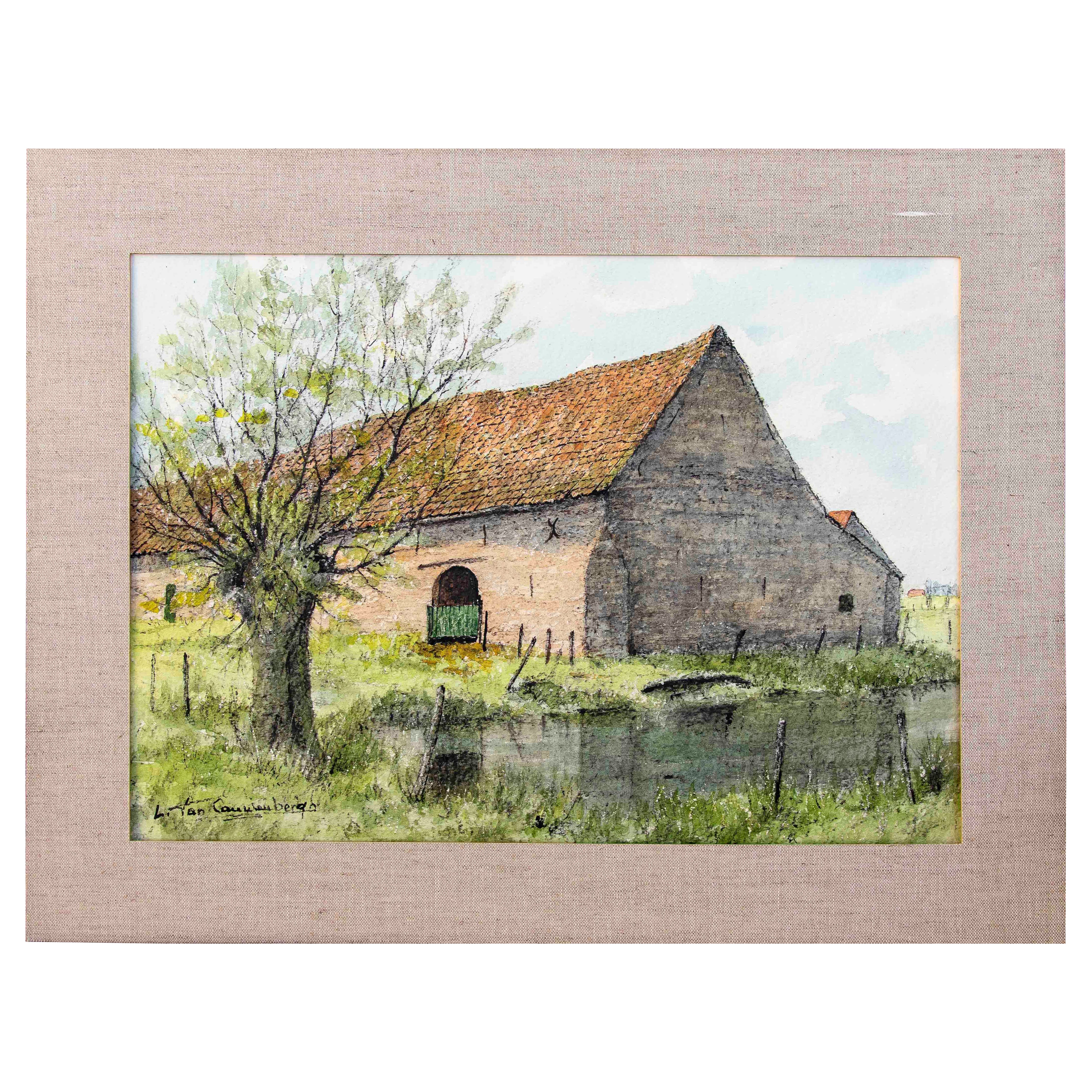 1970er Jahre Hand gemalt und signiert Druck der Scheune mit Baum und Vegetation im Angebot
