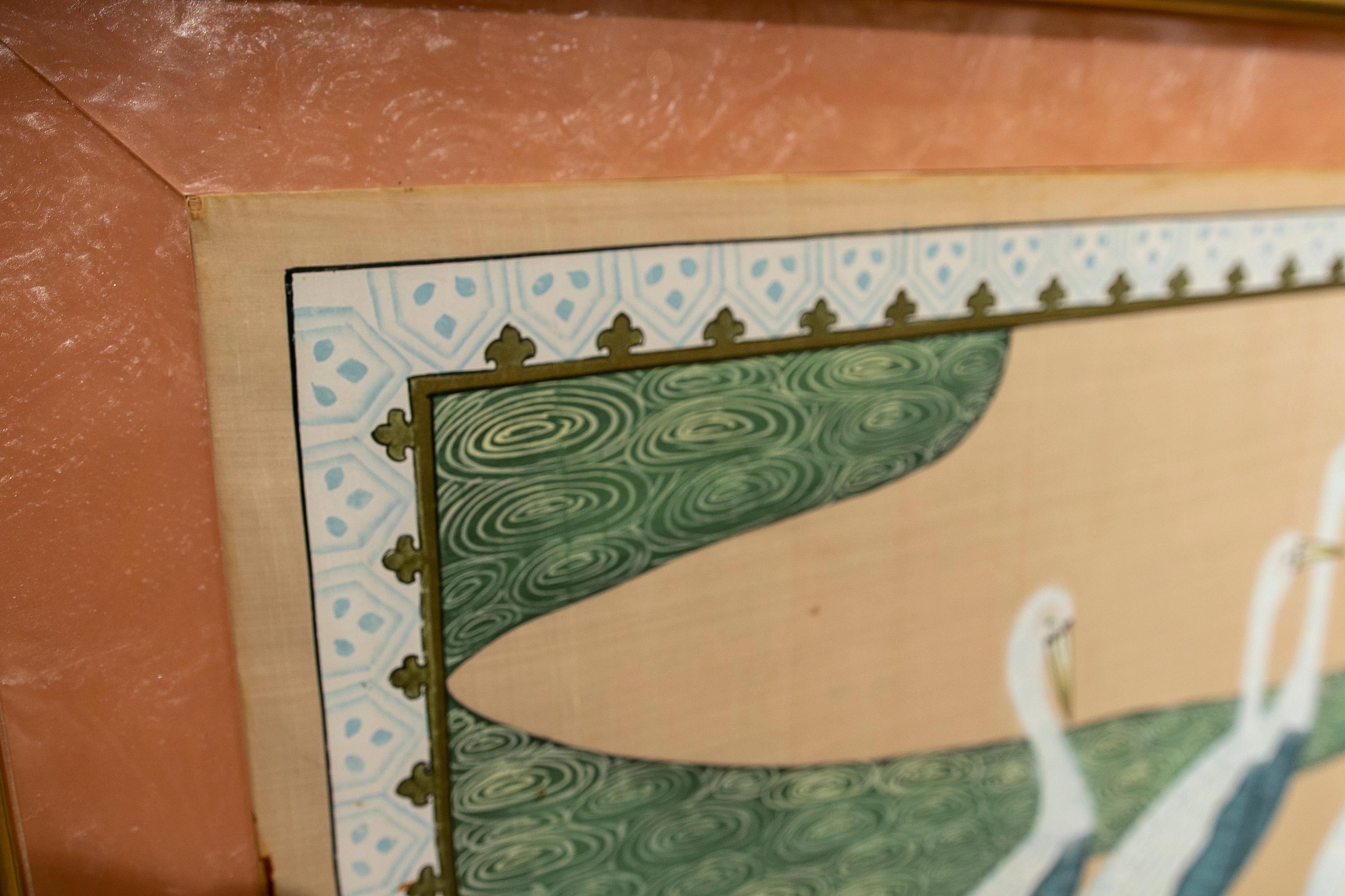 1970s Hand-Painted Bird Painting on Silk with Brass Plated Frame 5