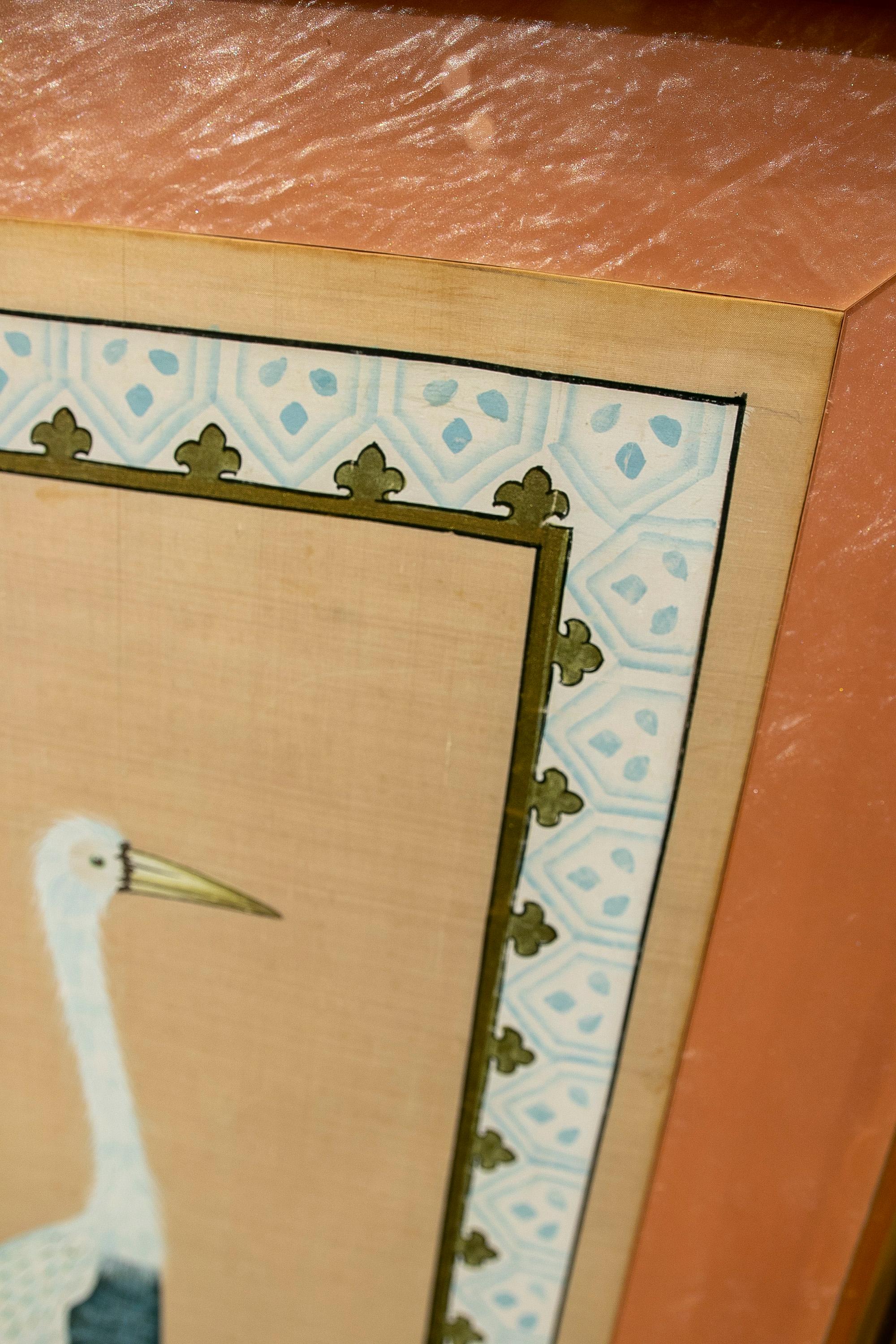 1970s Hand-Painted Bird Painting on Silk with Brass Plated Frame 14