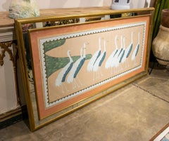 1970s Hand-Painted Bird Painting on Silk with Brass Plated Frame