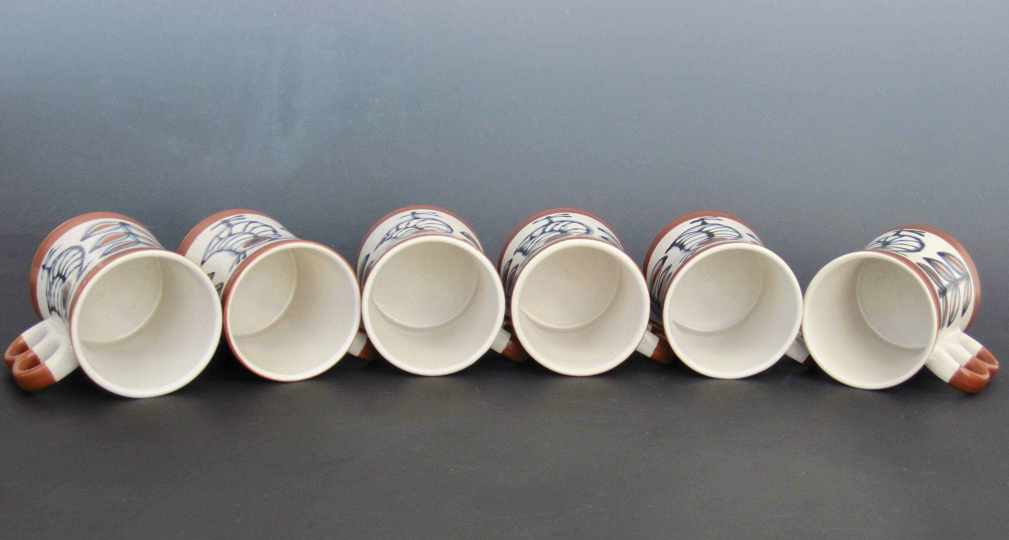 Mid-Century Modern 1970s Hand Painted Bird & Twig Two Finger Mugs, Set of Six