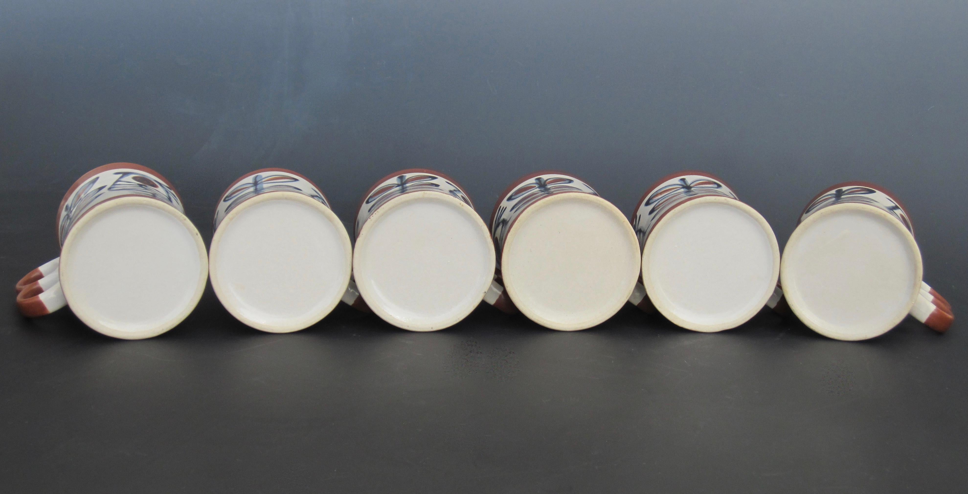 1970s Hand Painted Bird & Twig Two Finger Mugs, Set of Six In Good Condition In Ferndale, MI