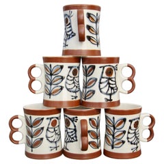 1970s Hand Painted Bird & Twig Two Finger Mugs, Set of Six