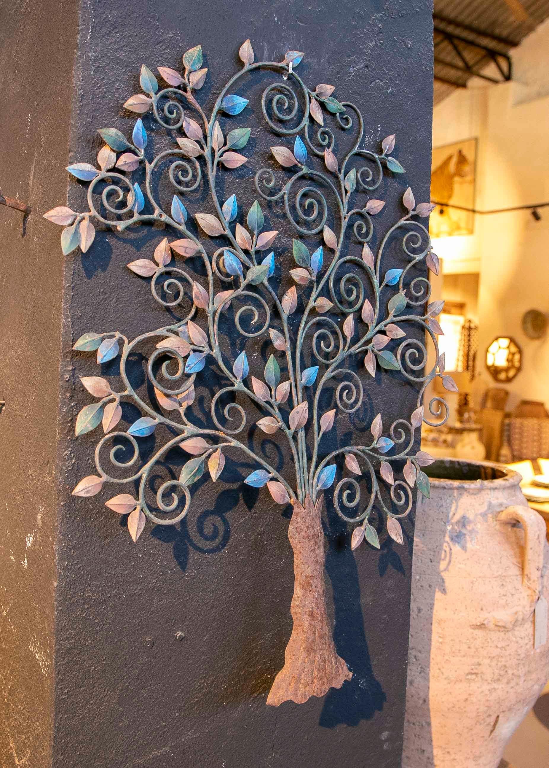 European 1970s Hand-Painted Decorative Iron Tree for Wall Hanging For Sale