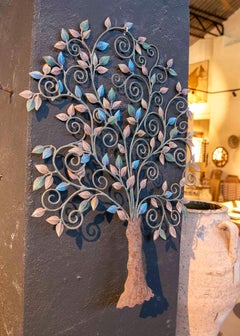 1970s Hand-Painted Decorative Iron Tree for Wall Hanging