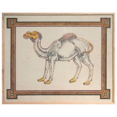 1970 Dessin peint à la main d'un chameau avec une bordure classique et encadré en Wood