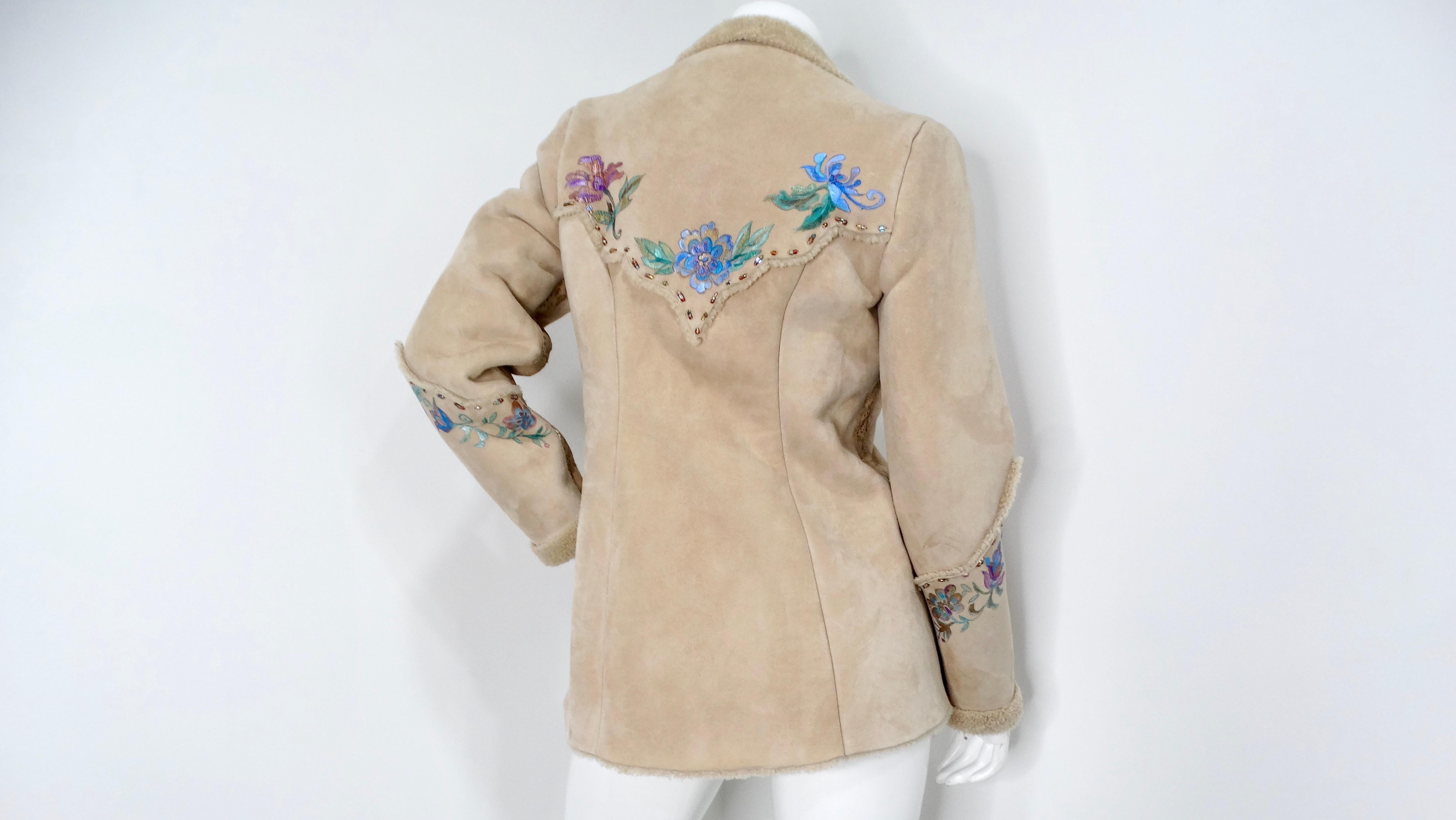 1970s Hand-Painted Floral Beige Suede Jacket With Faux Fur Trim For Sale 6
