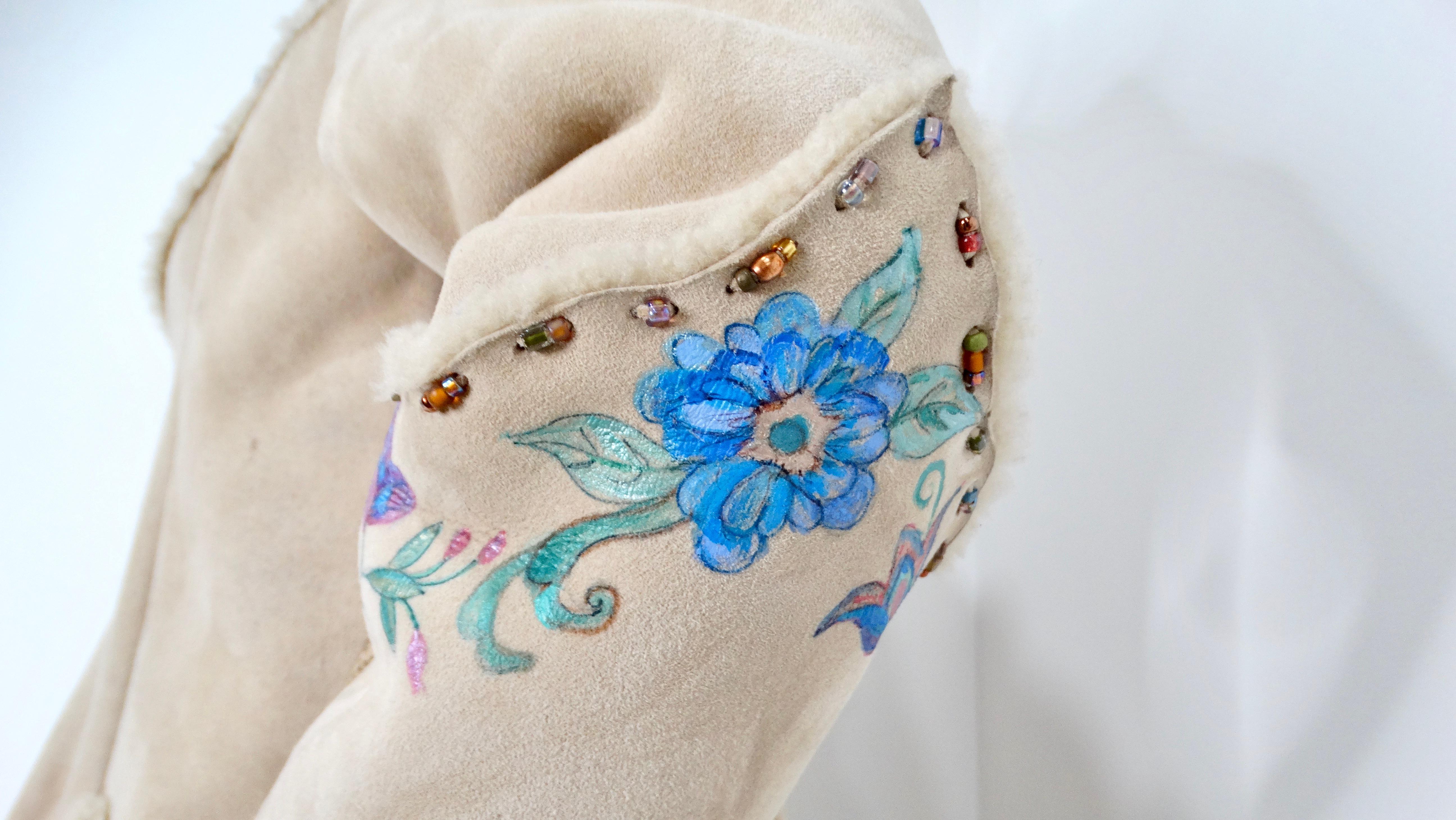 1970s Hand-Painted Floral Beige Suede Jacket With Faux Fur Trim For Sale 7