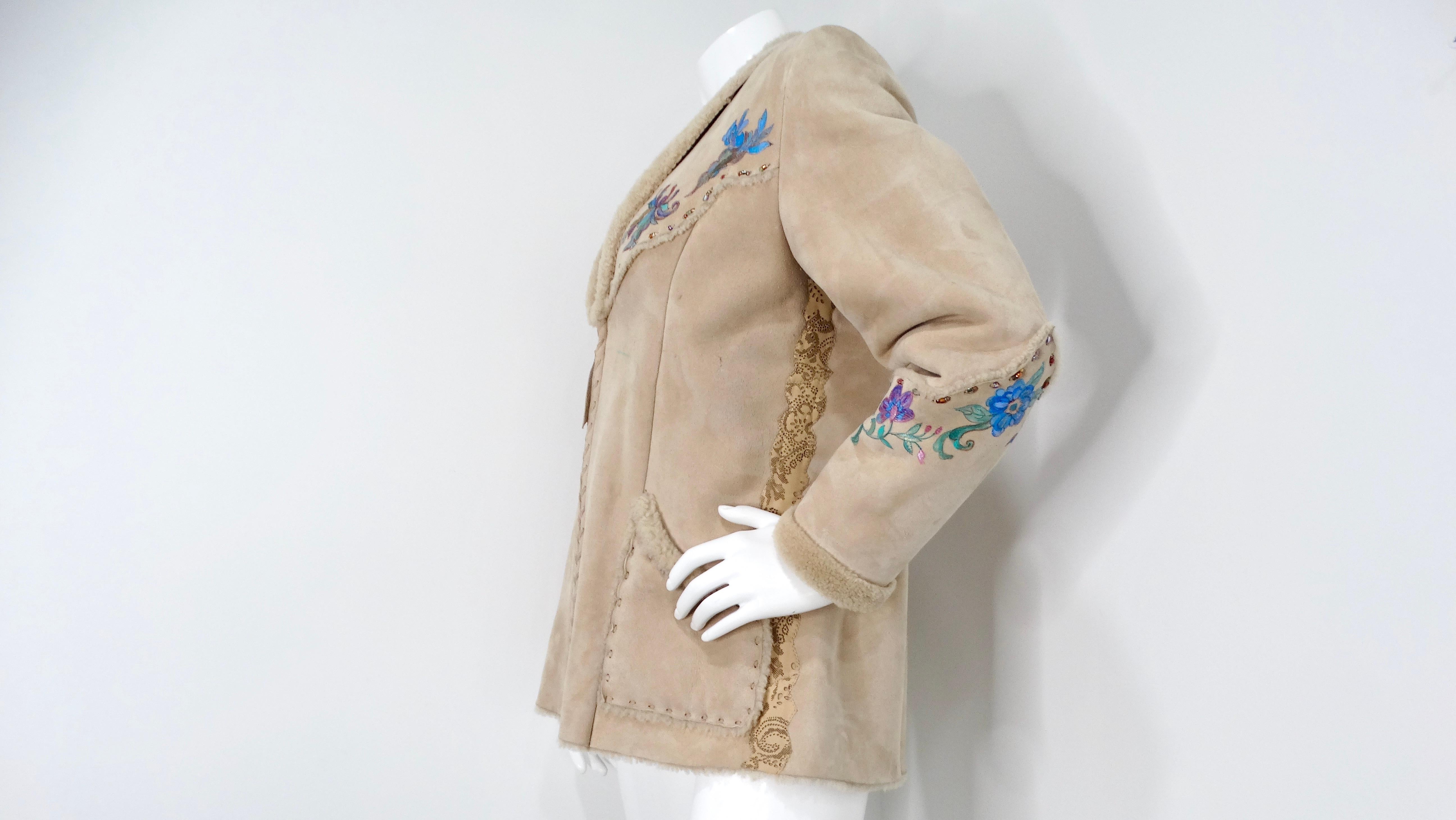1970s Hand-Painted Floral Beige Suede Jacket With Faux Fur Trim For Sale 8