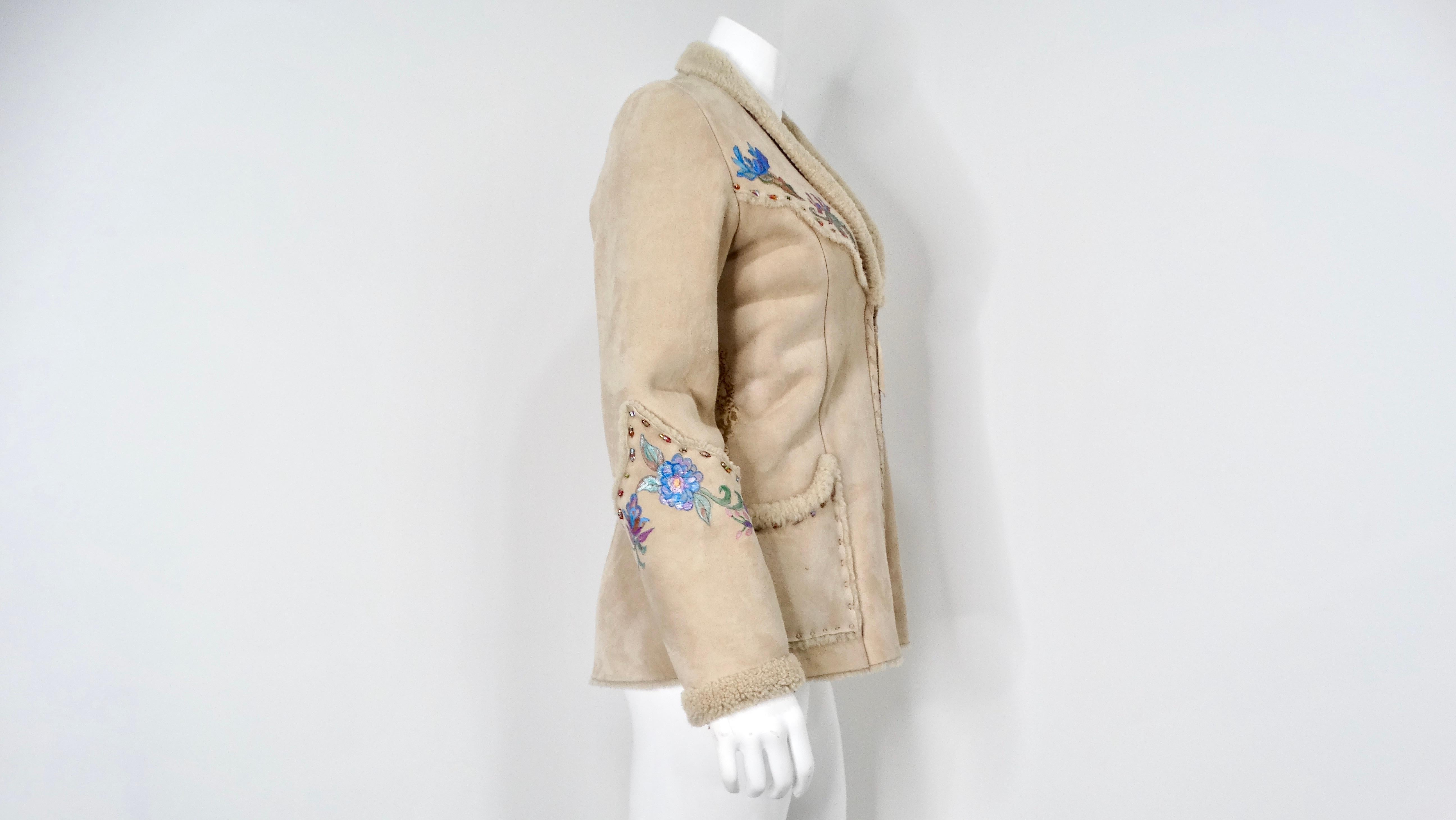 1970s Hand-Painted Floral Beige Suede Jacket With Faux Fur Trim For Sale 10
