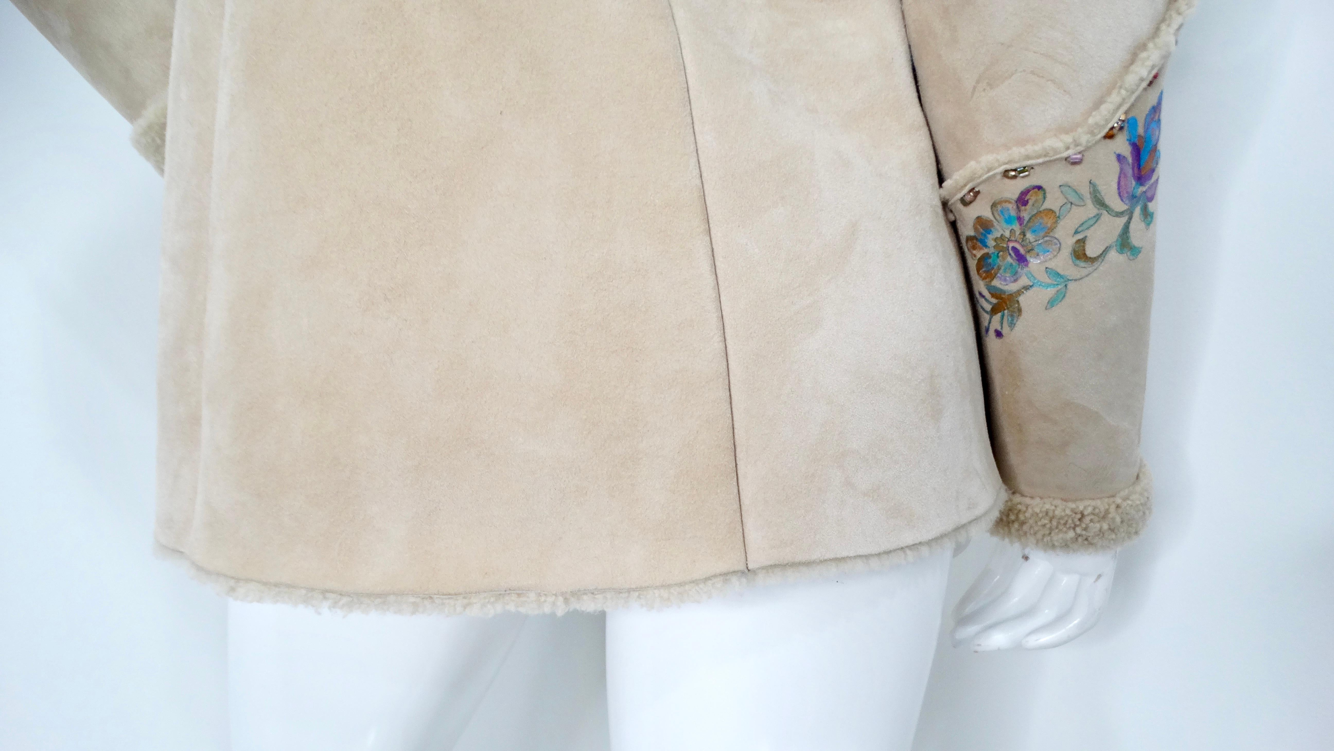 Women's 1970s Hand-Painted Floral Beige Suede Jacket With Faux Fur Trim For Sale