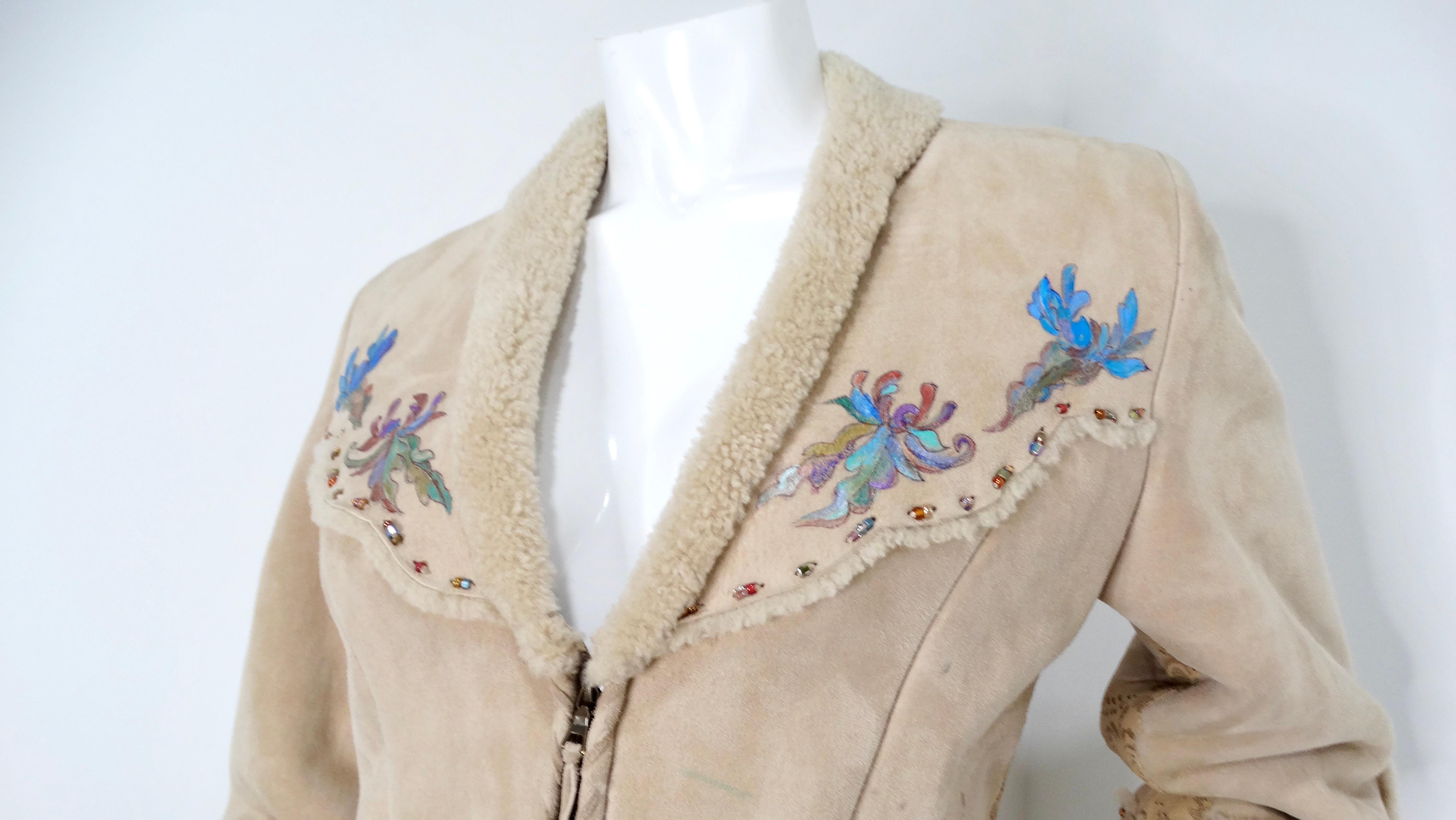 1970s Hand-Painted Floral Beige Suede Jacket With Faux Fur Trim For Sale 1