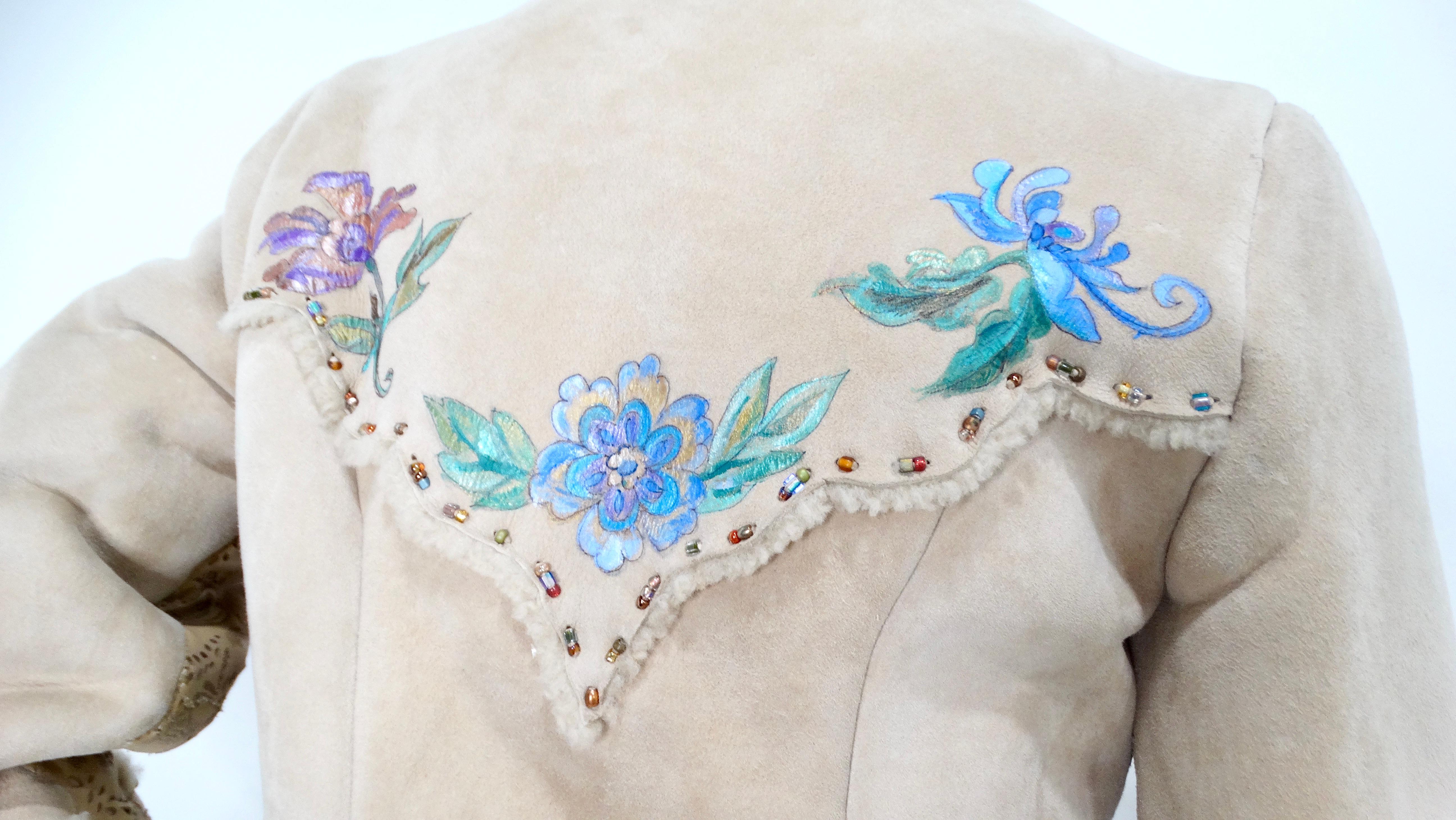 1970s Hand-Painted Floral Beige Suede Jacket With Faux Fur Trim For Sale 4